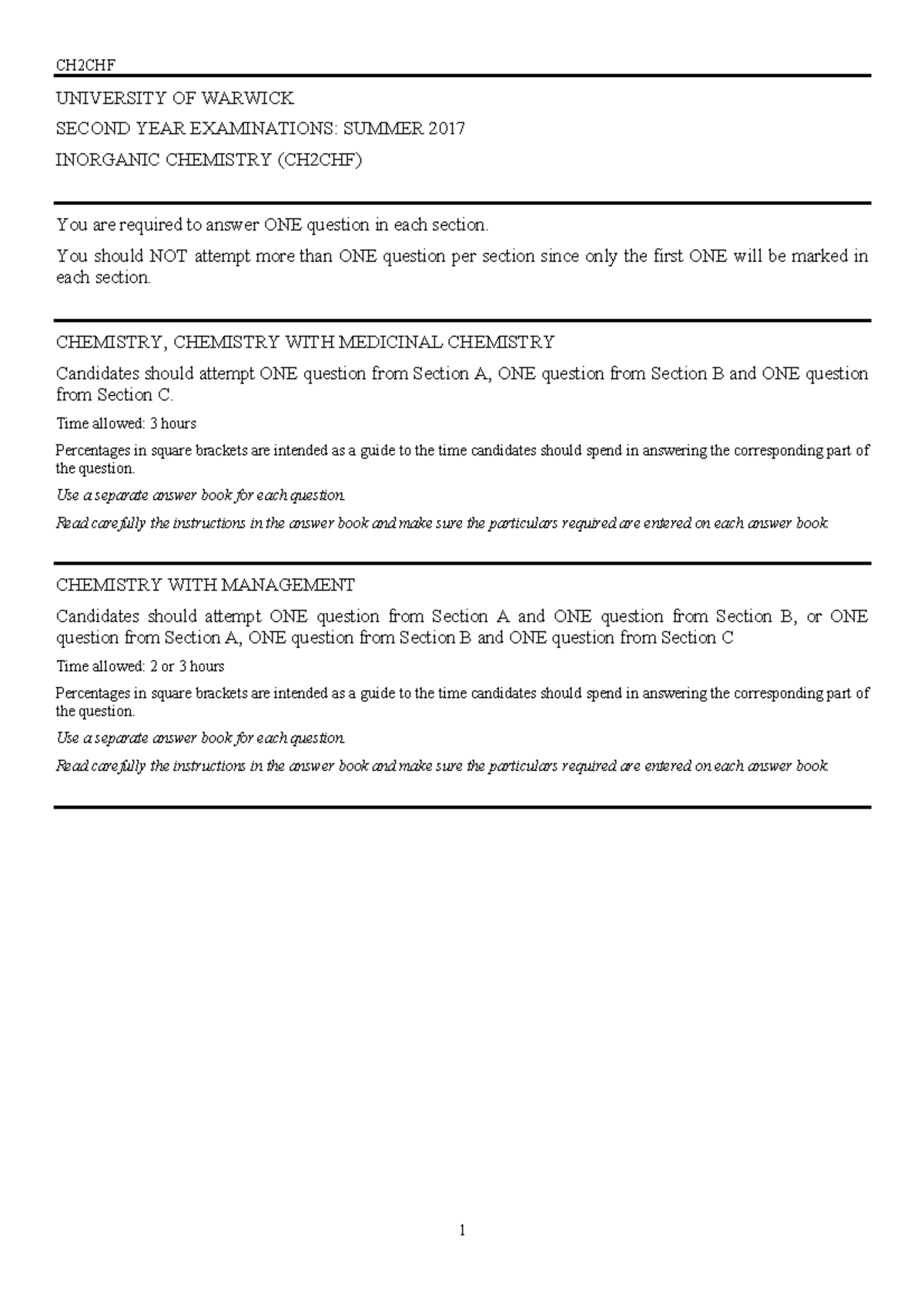 Ch2chf - Inorganic Chemistry Past Exam Papers - Summer 2017 - Studocu