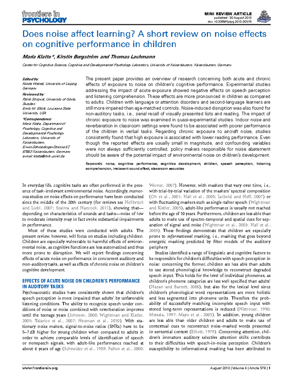 Effects of Noise on Cognitive Performance in Children: A Mini Review ...