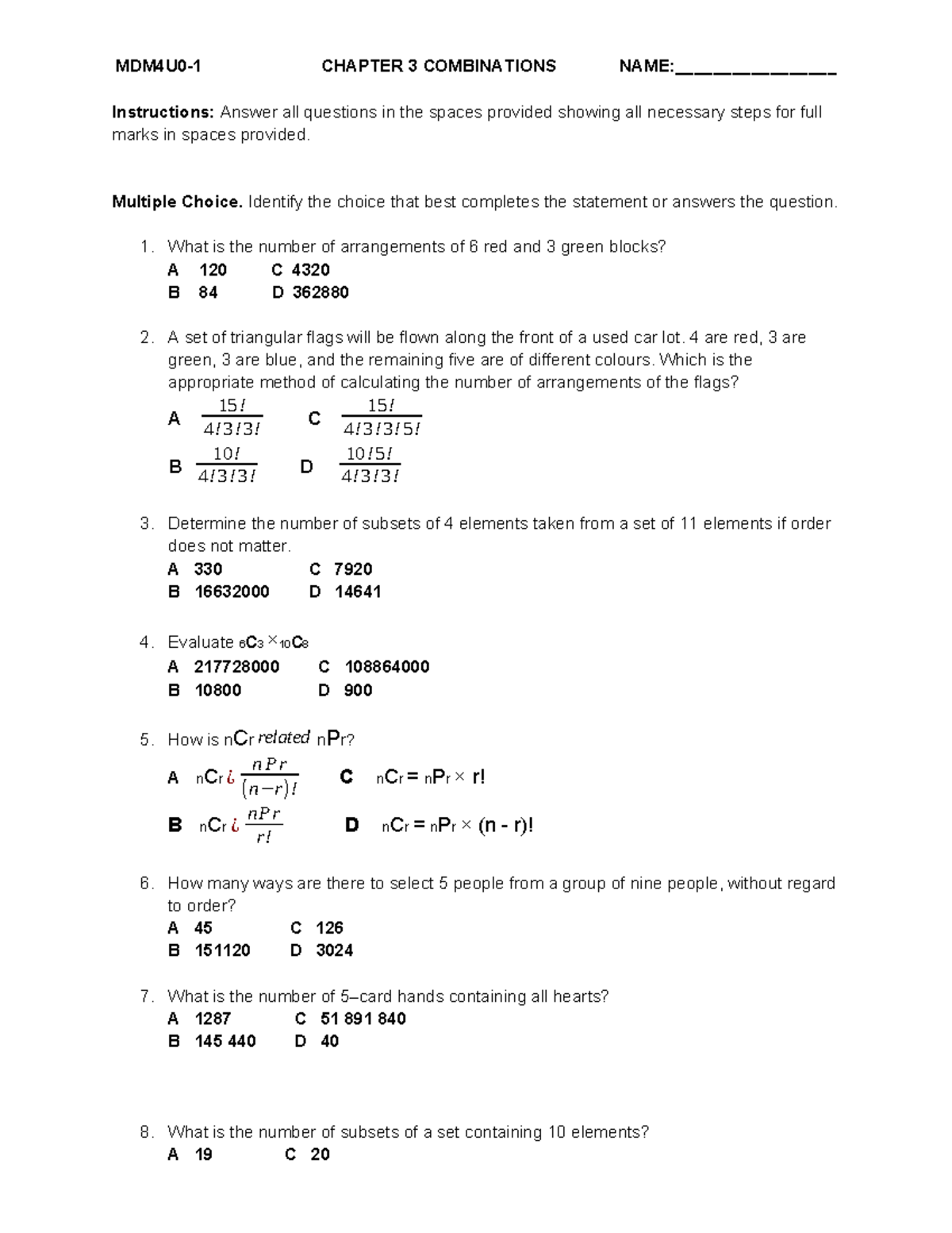 Unit 3 test - Combinations and arrangements of elements - Studocu