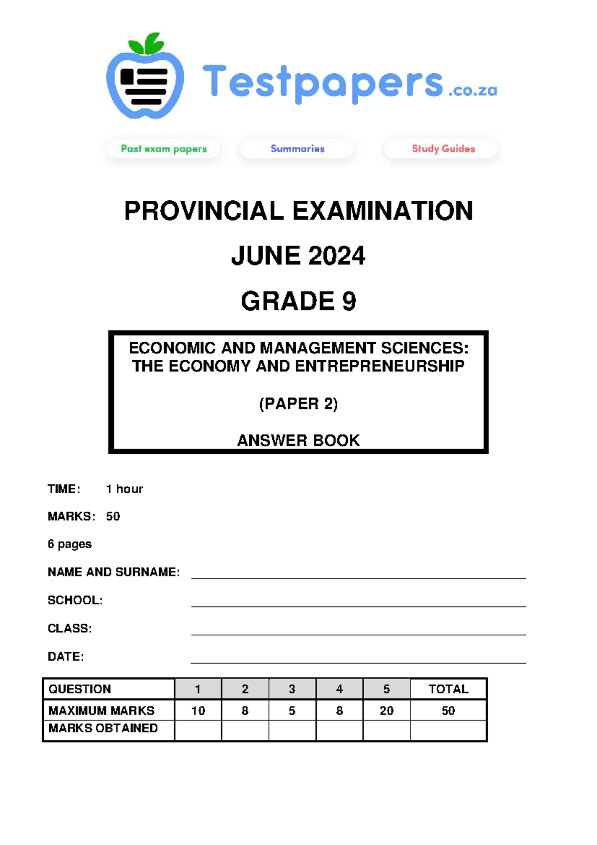 Gr 9 EMS P2 June 2024 Provincial Exam Answer Book - Studocu