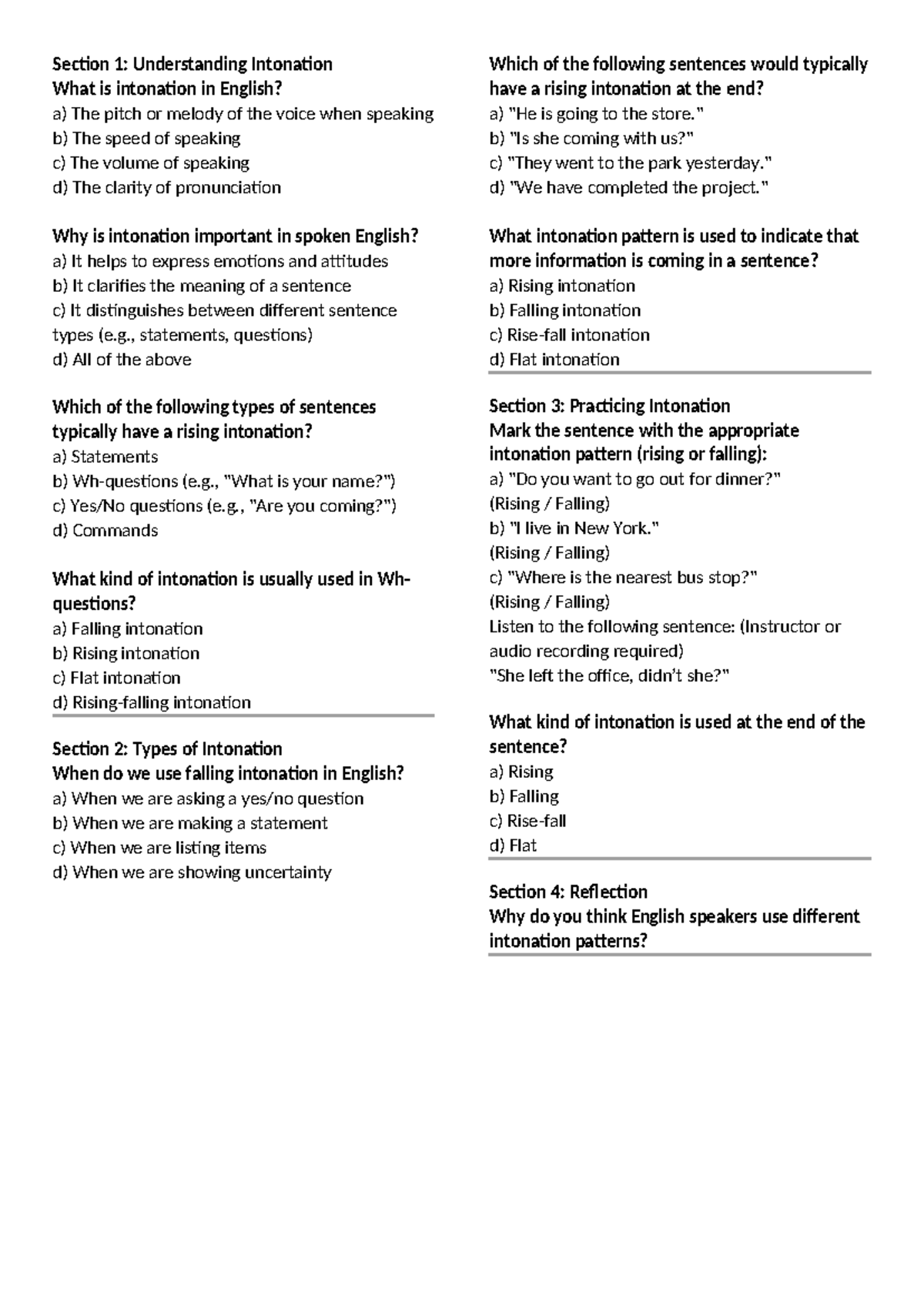 Intonation Questionnaire: Understanding & Practicing Patterns - Studocu