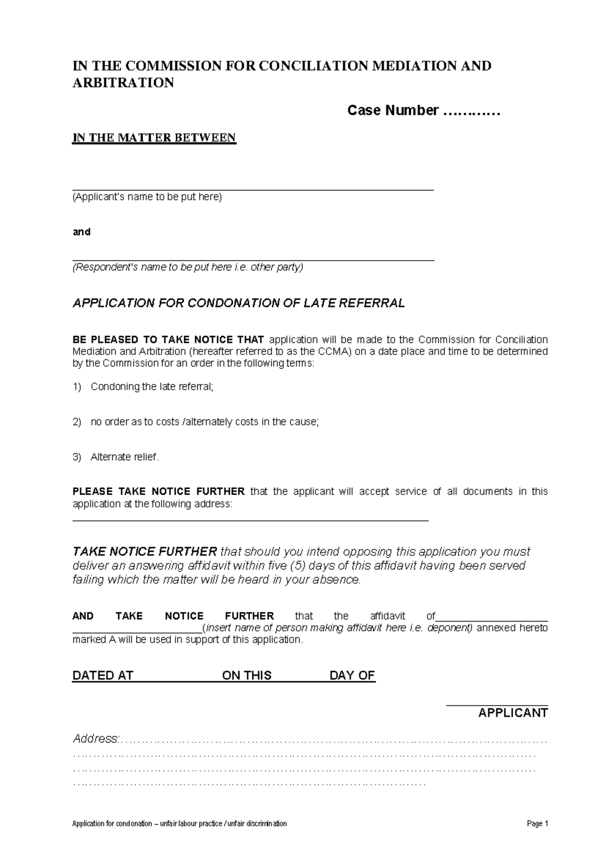 Condonation Application for Unfair Labour Practice & Discrimination ...