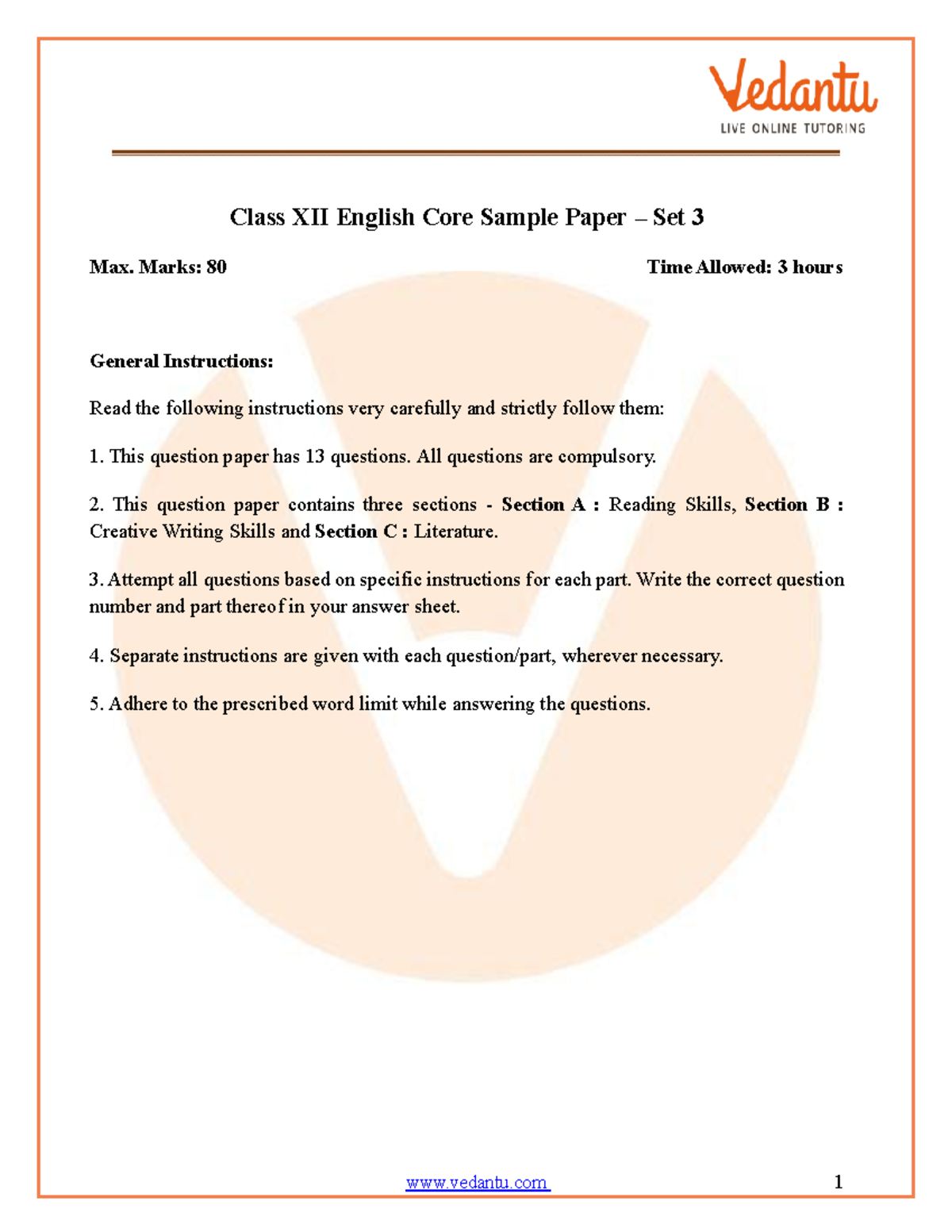 CBSE Class 12 English Core Sample Paper Set 3 - Practice Questions ...