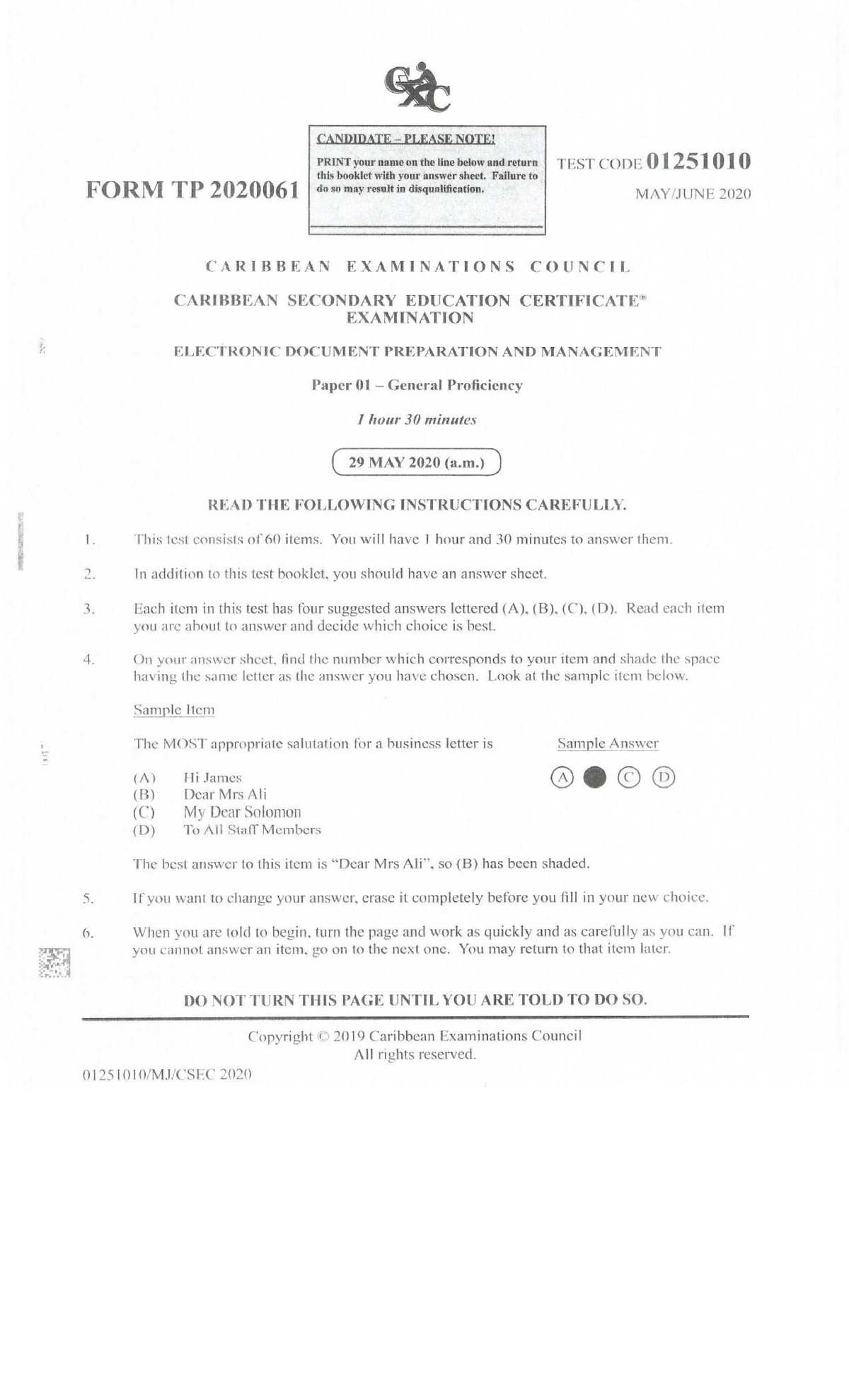 2020 CSEC EDPM Paper 01 - Test Instructions and Sample Questions - Studocu