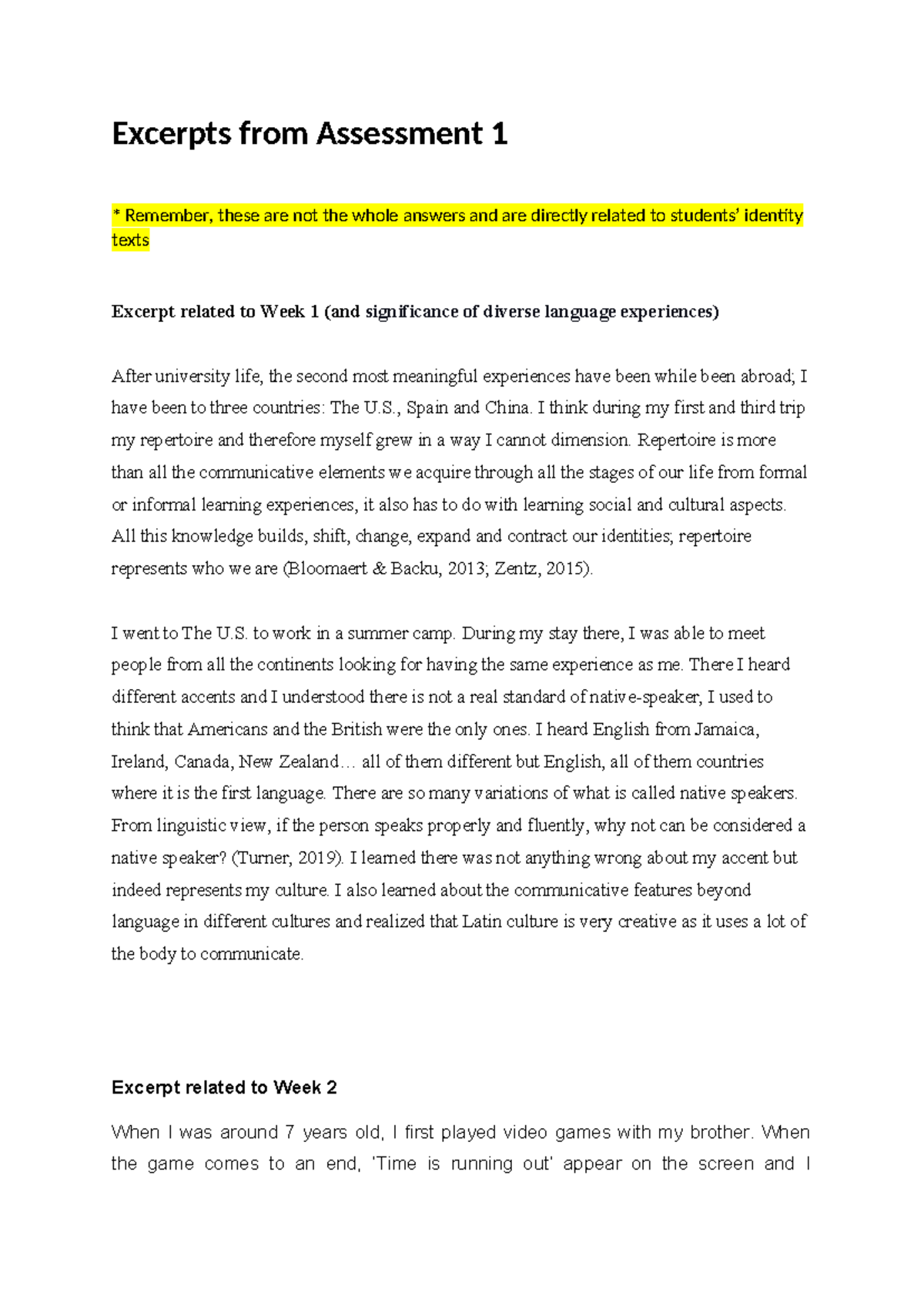 Sample excerpts from Assessment 1 - Excerpts from Assessment 1 Remember ...