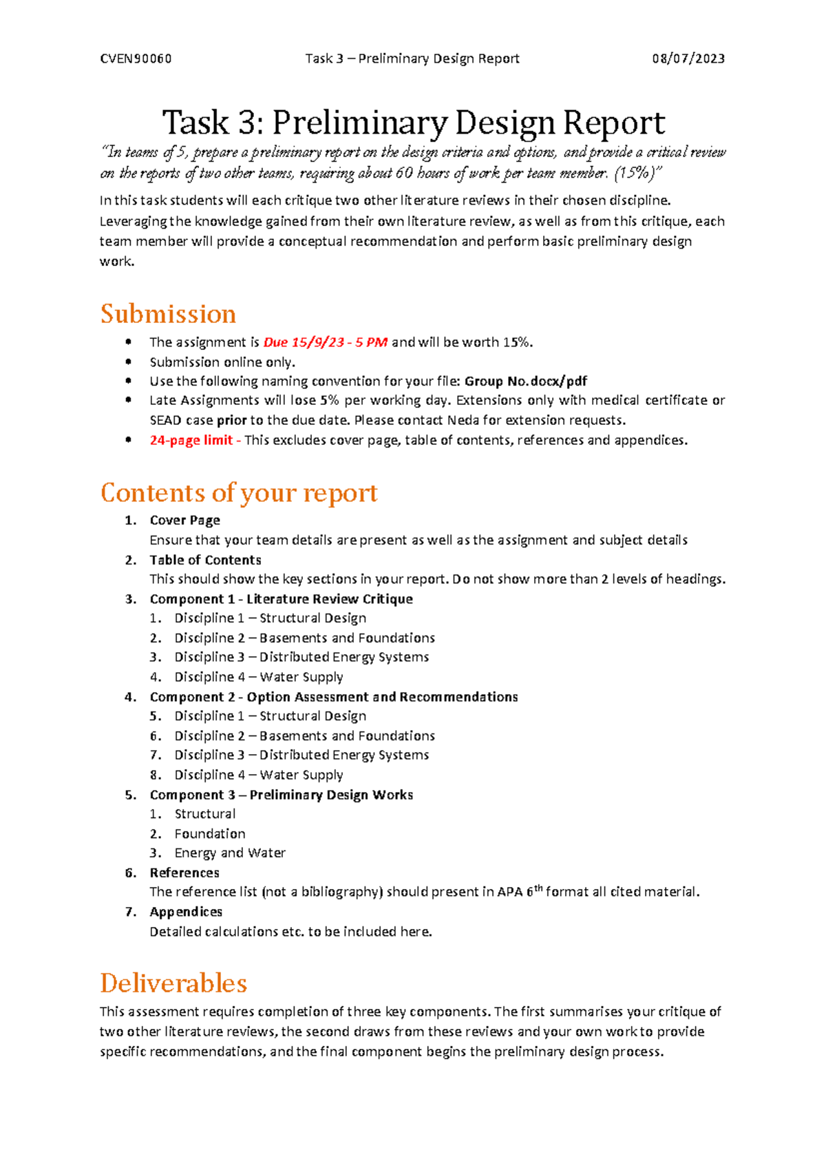 CVEN90060 Task 3 Preliminary Design Report: Integrated Design Overview ...