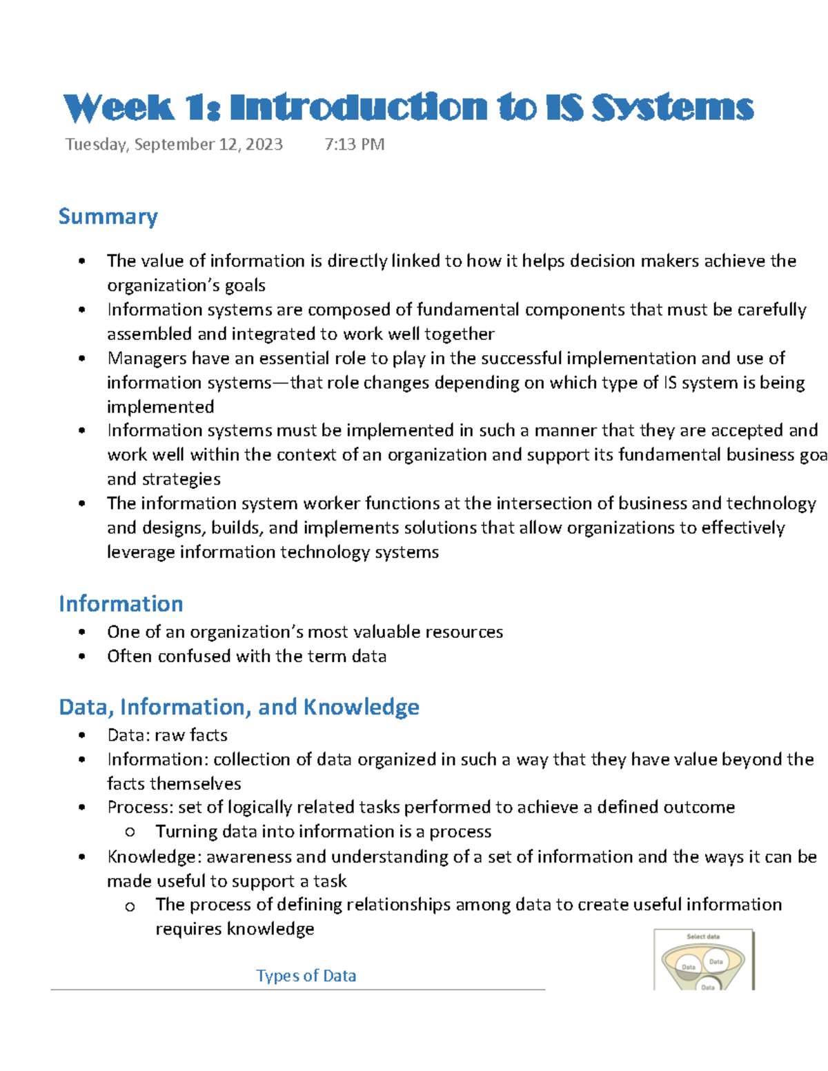Week 1: Intro to Information Systems (IS) Concepts and Roles - Studocu