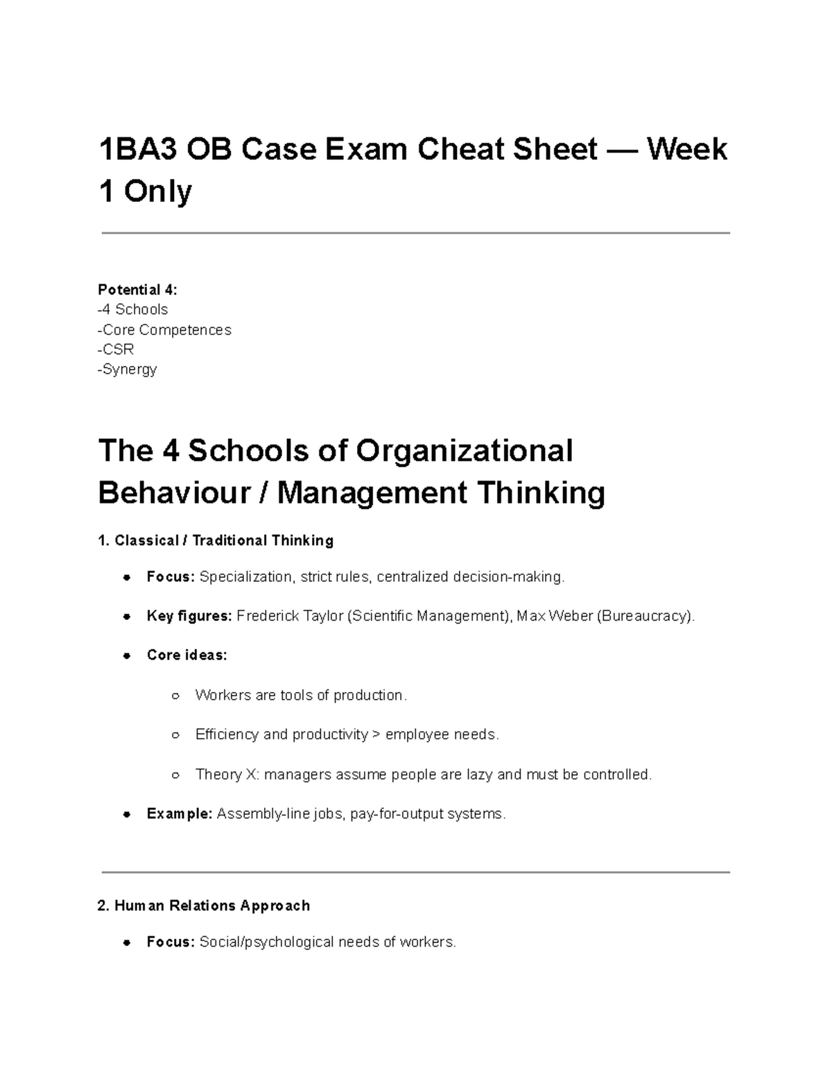 1BA3 OB Case Exam Cheat Sheet: The 4 Schools of Organizational ...