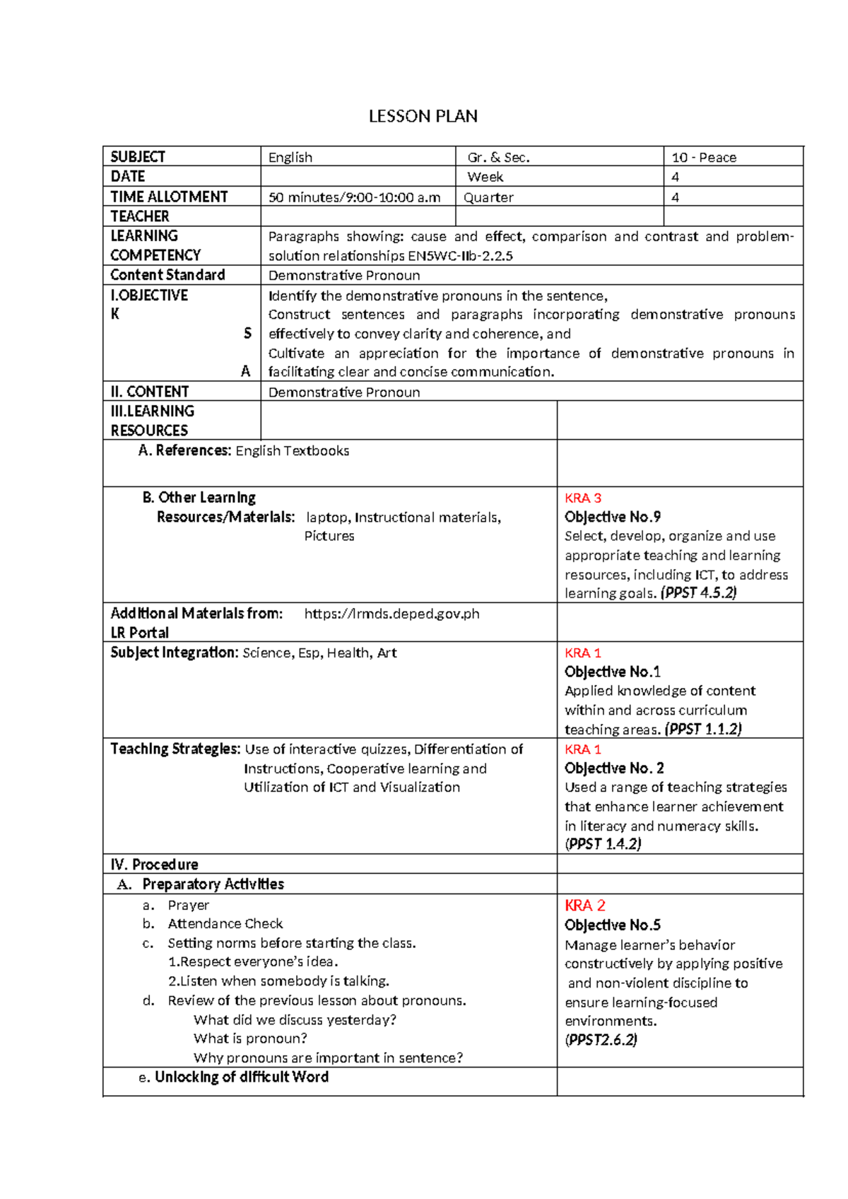 Lesson Plan: Demonstrative Pronouns - English Gr. 10 (Q4) - Studocu