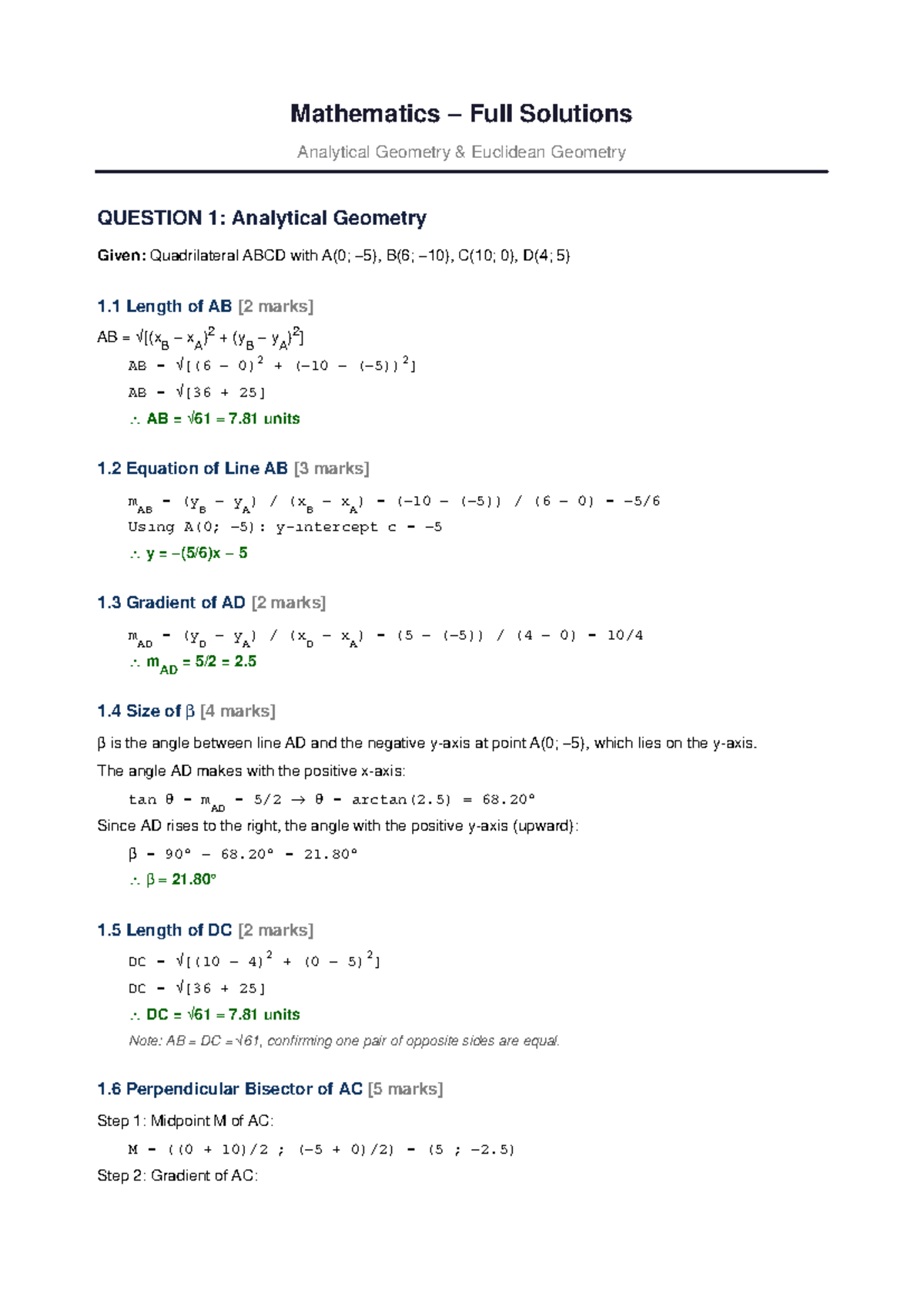 Mathematics Full Solutions: Analytical & Euclidean Geometry (MATH101 ...