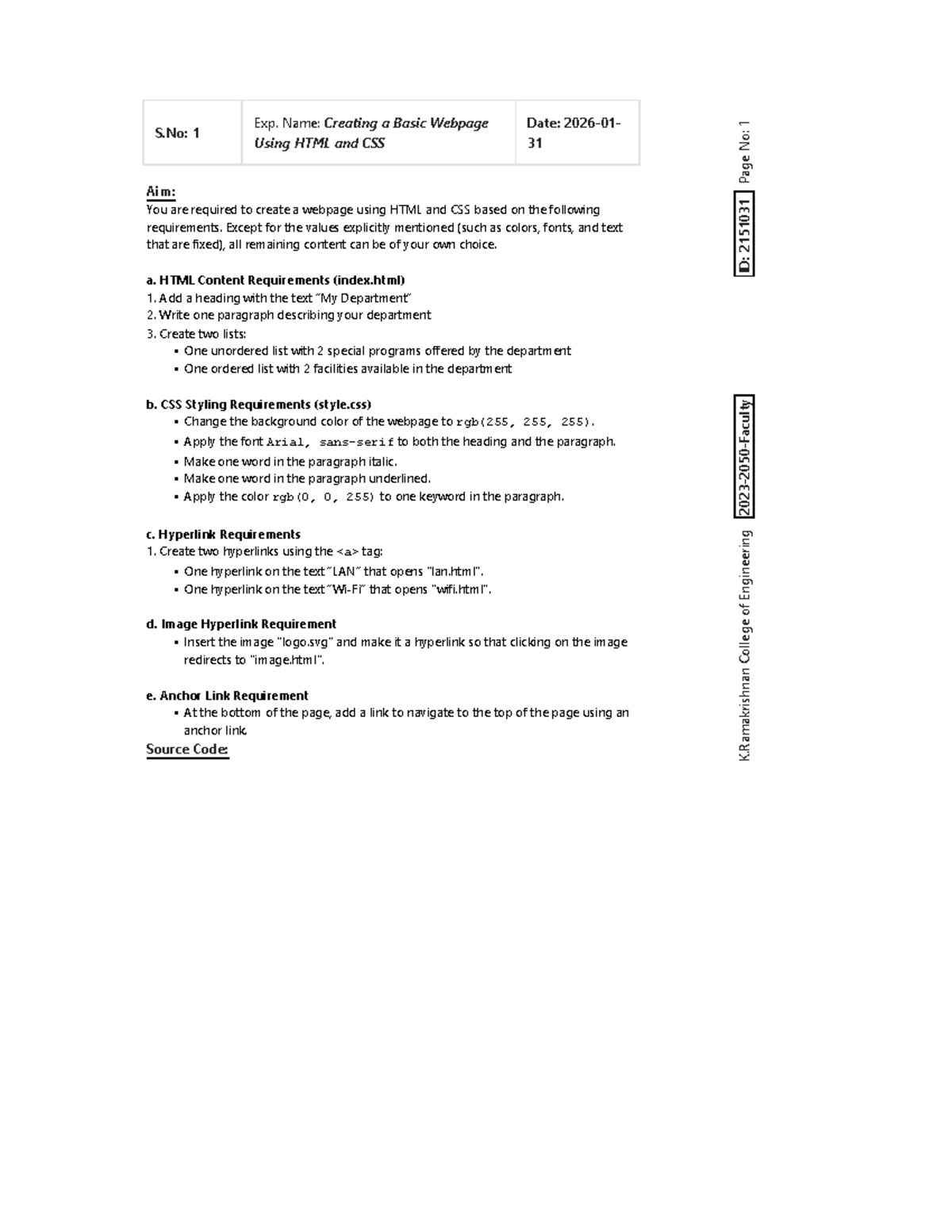 Web Technology Lab Record: Experiments 1-14 (ID: 2151031) - Studocu