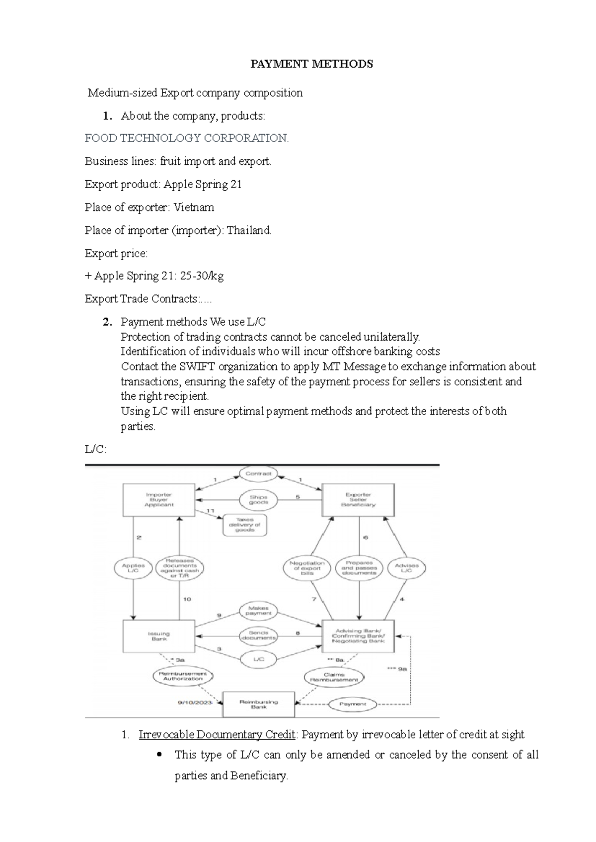 Payment Methods and Incoterms Overview for Food Technology Corp. - Studocu