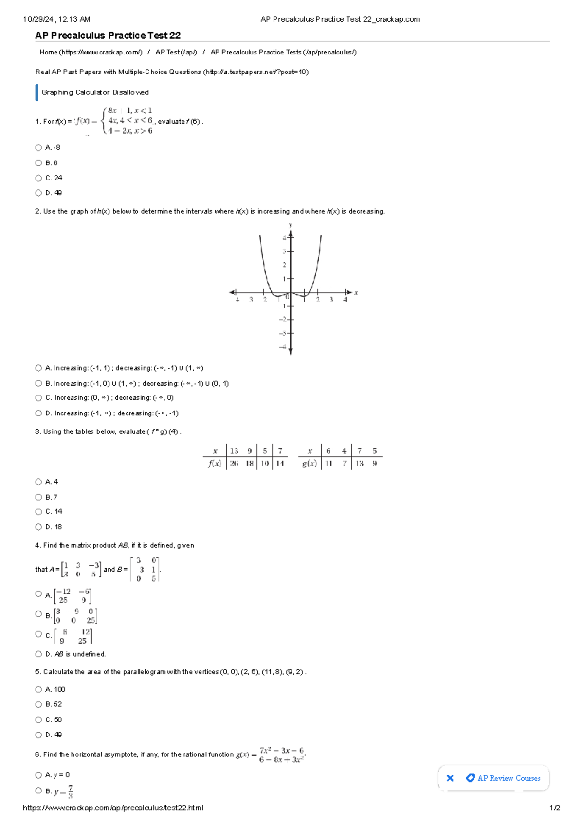AP Precalculus Practice Test 22 crackap - AP Precalculus Practice Test ...