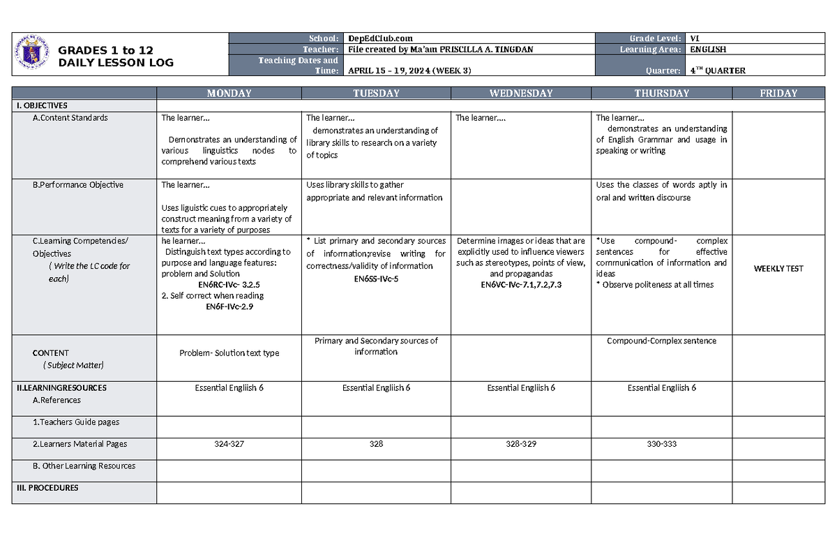 DLL English 6 Q4 W3 - Daily Lesson Log and Activities - Studocu