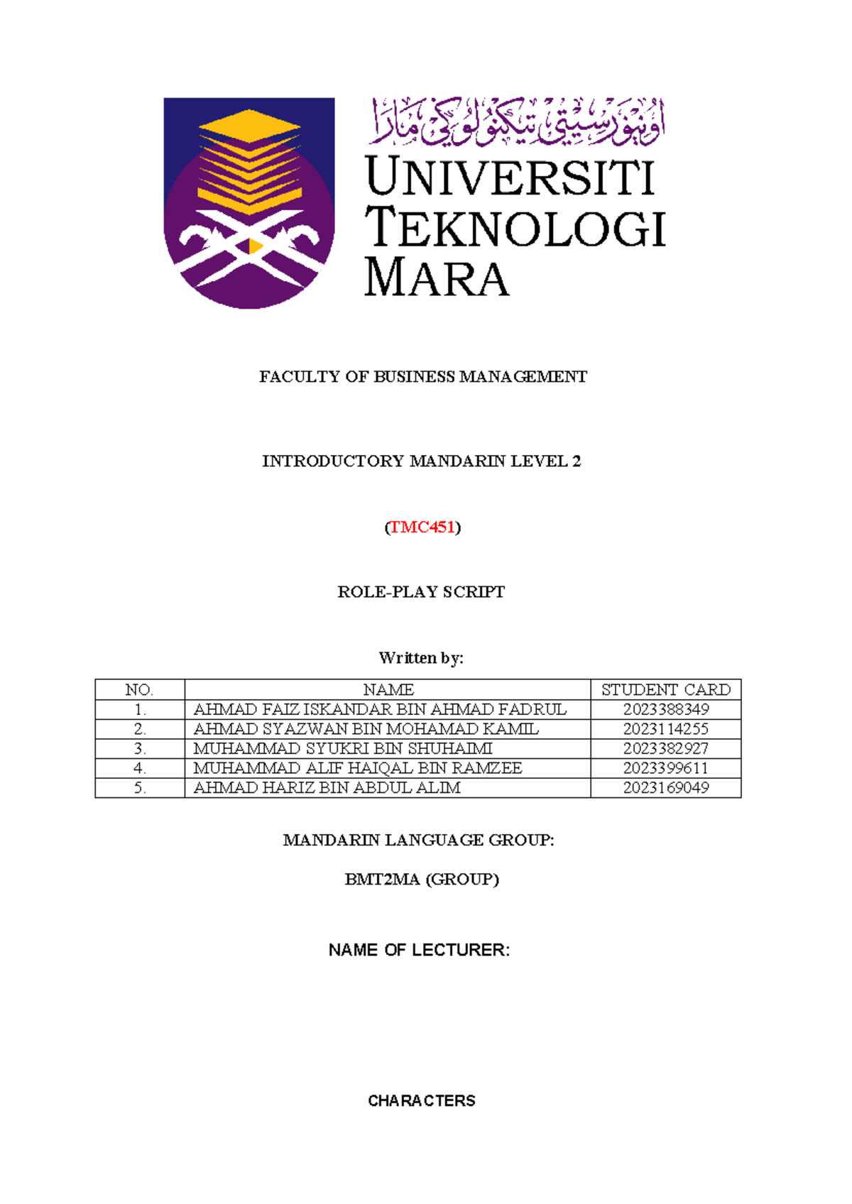 Mandarin Level 2 Roleplay Script ( Group WAN) - FACULTY OF BUSINESS ...