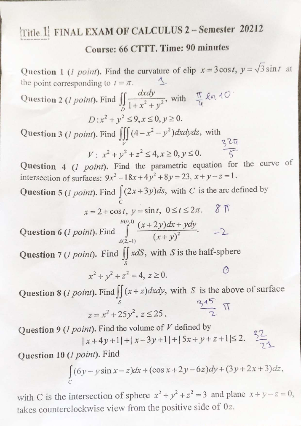 FINAL EXAM CALCULUS 2 (66) - Semester 20212 Questions & Solutions - Studocu