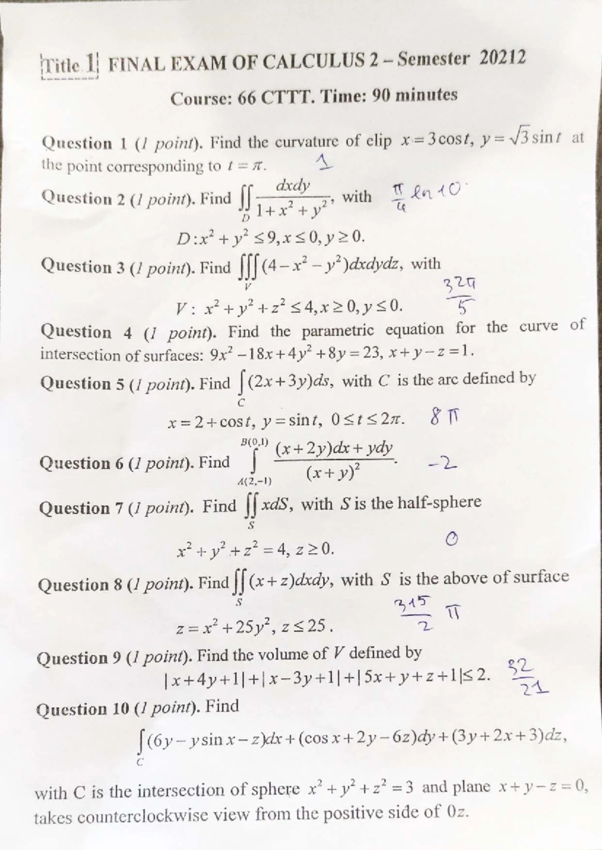 Advanced Program No.1 Final Exam - Calculus 2 (90 Min) - Studocu