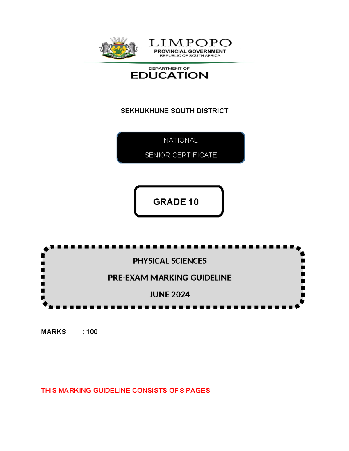 Grade 10 Physical Sciences Pre-Exam Marking Guideline - June 2024 - Studocu