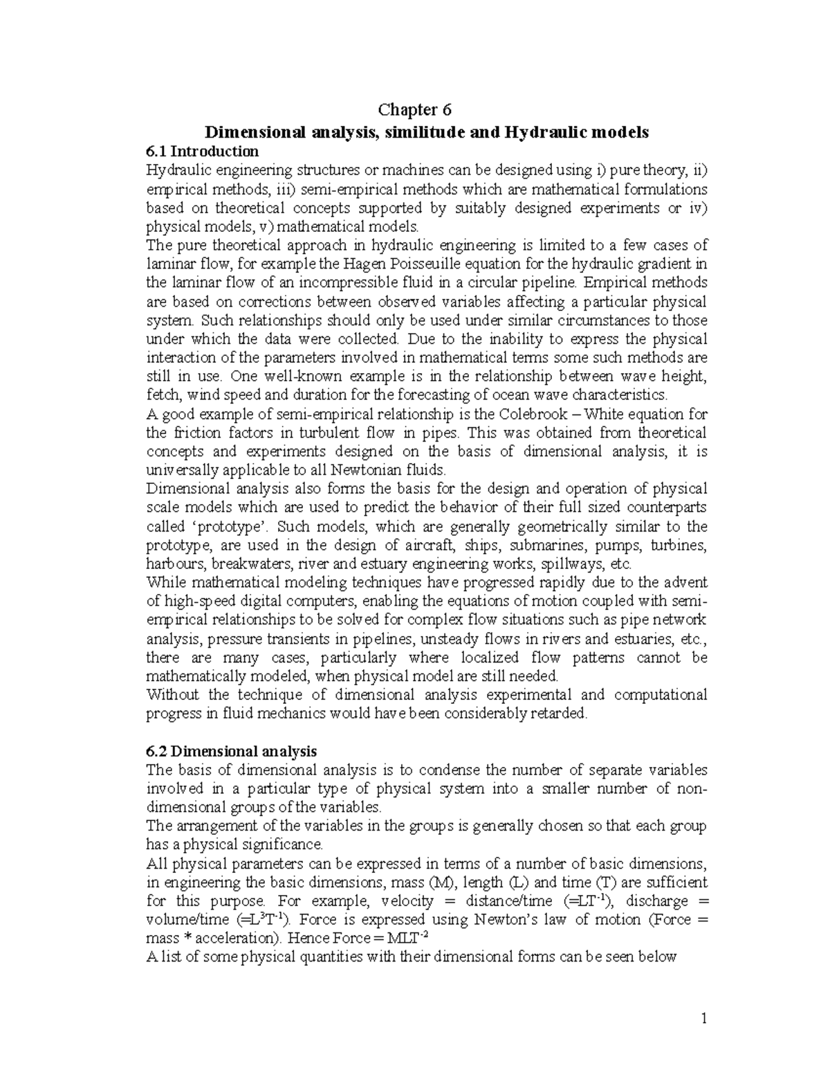 Chapter 6 - Dimensional Analysis in Irrigation Engineering - Studocu