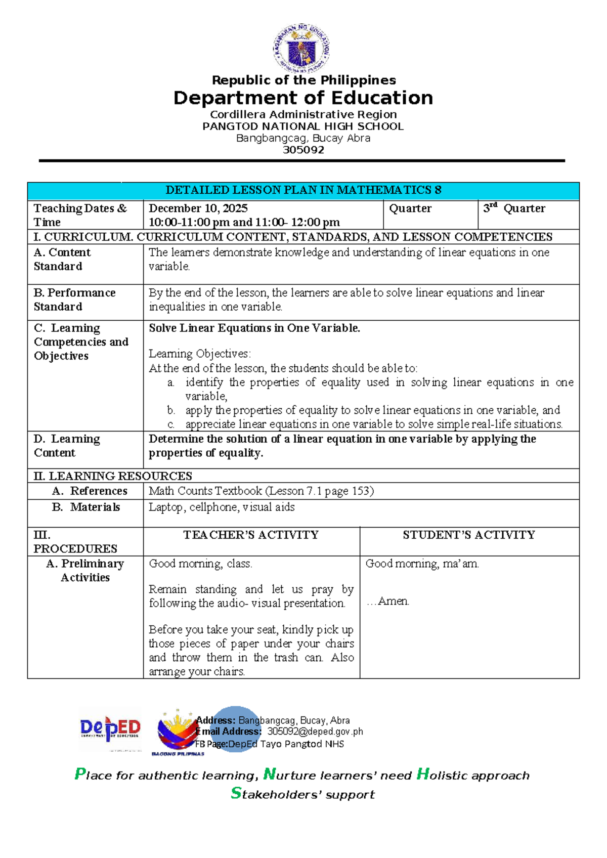 Detailed Lesson Plan in Mathematics 8: Solving Linear Equations (3rd ...