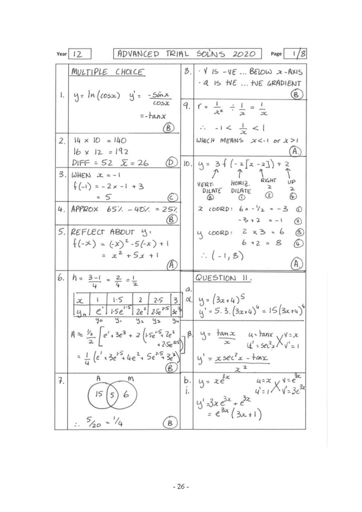 Year 12 Advanced Mathematics Trial Solutions 2020 - Exam - Studocu