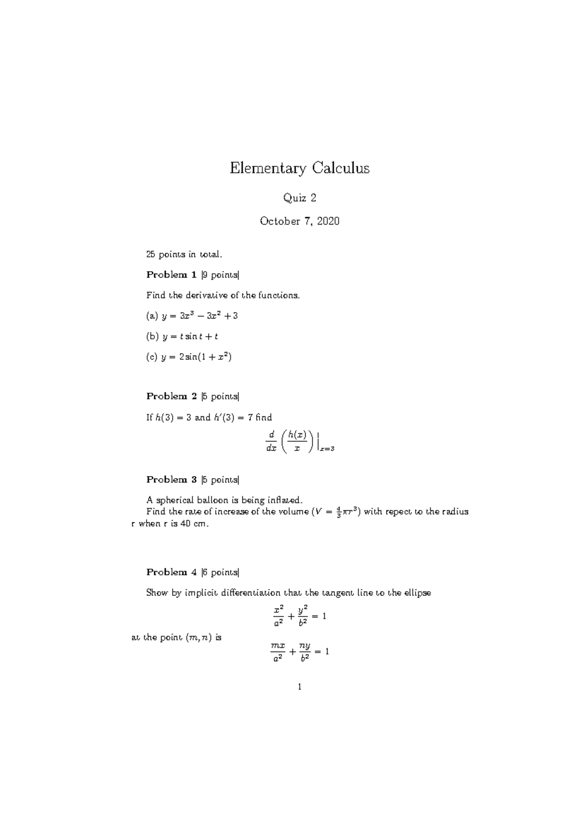 Quiz 2 - Elementary Calculus (MATH 101) - October 2020 - Studocu