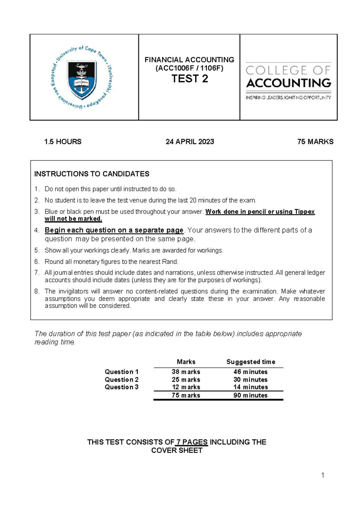 ACC1006F Financial Accounting Test 2: Instructions & Questions (24 ...