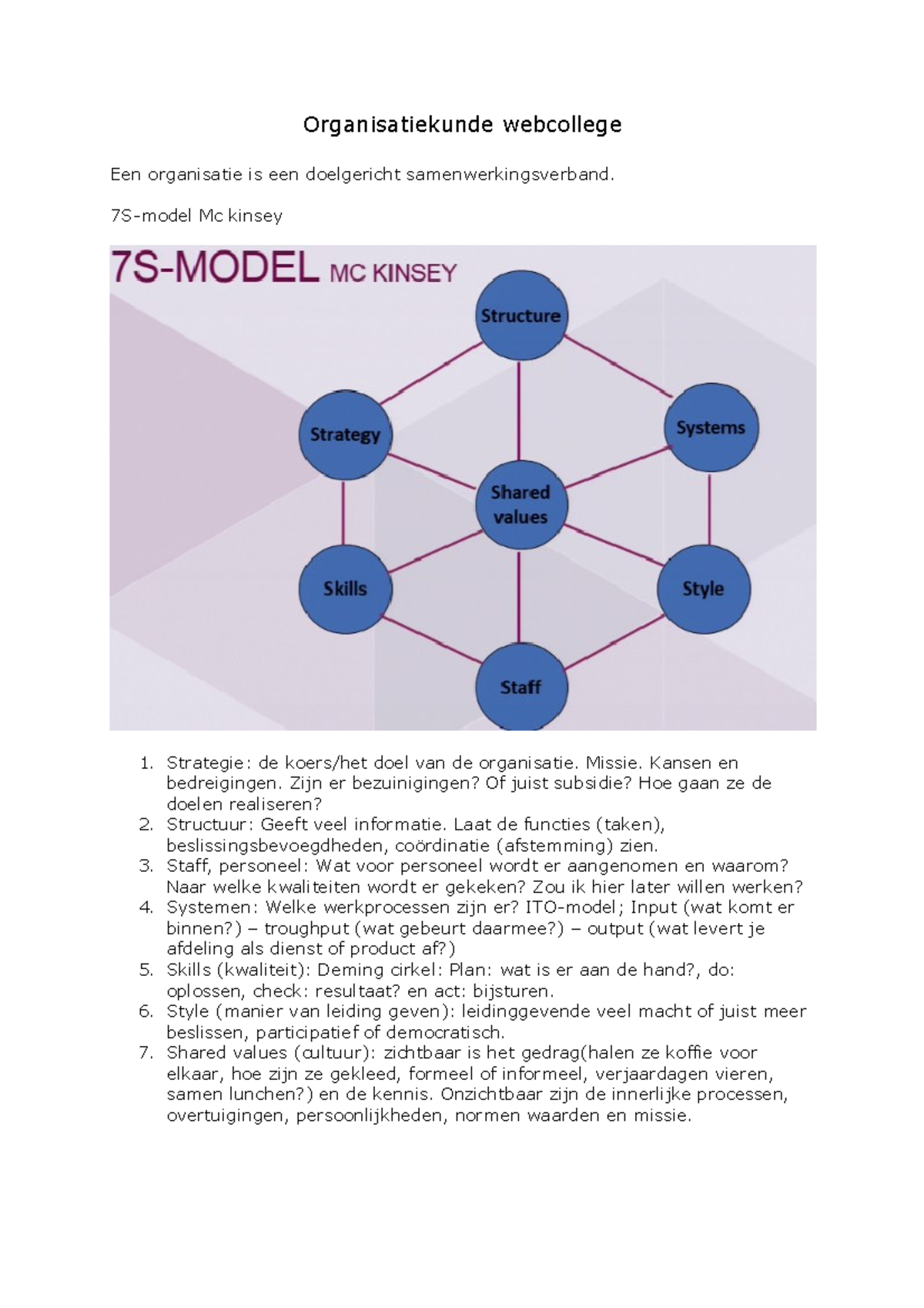 Organisatiekunde Webcollege: McKinsey 7S-Model Analyse - Studeersnel