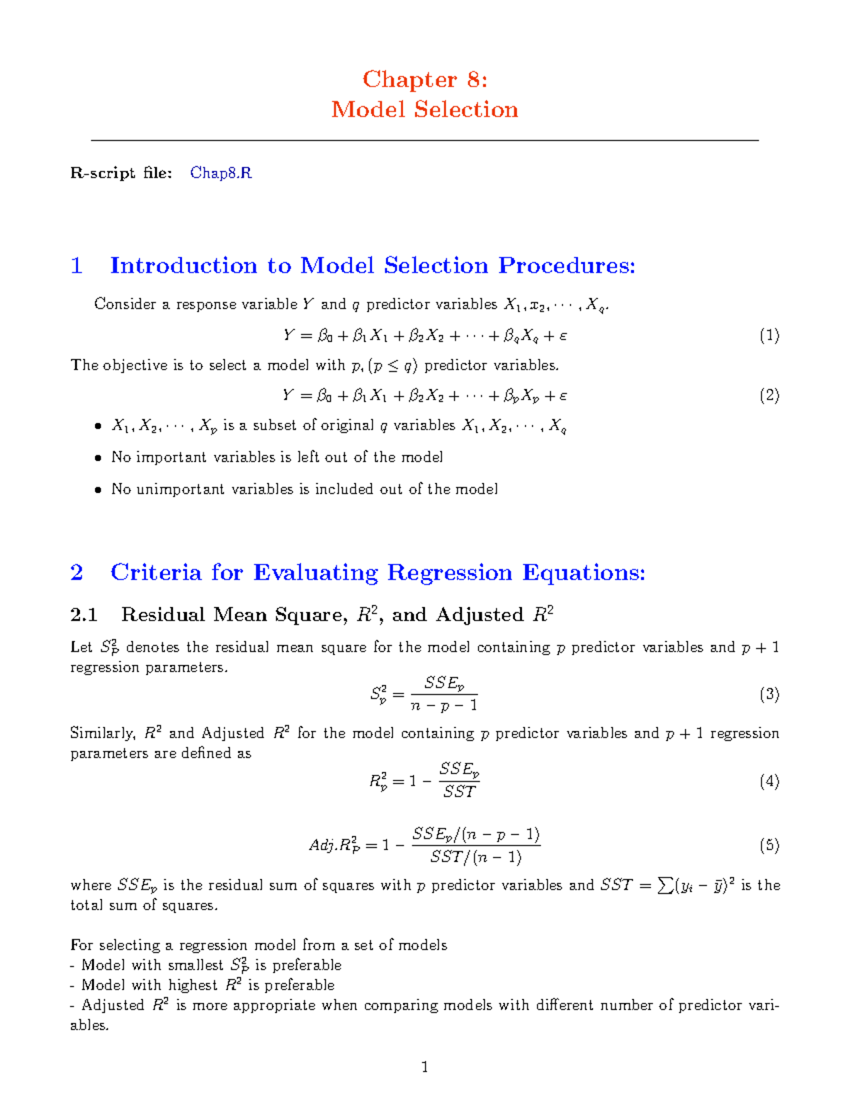 Chapter 8: Model Selection Procedures and R-Script Implementation - Studocu