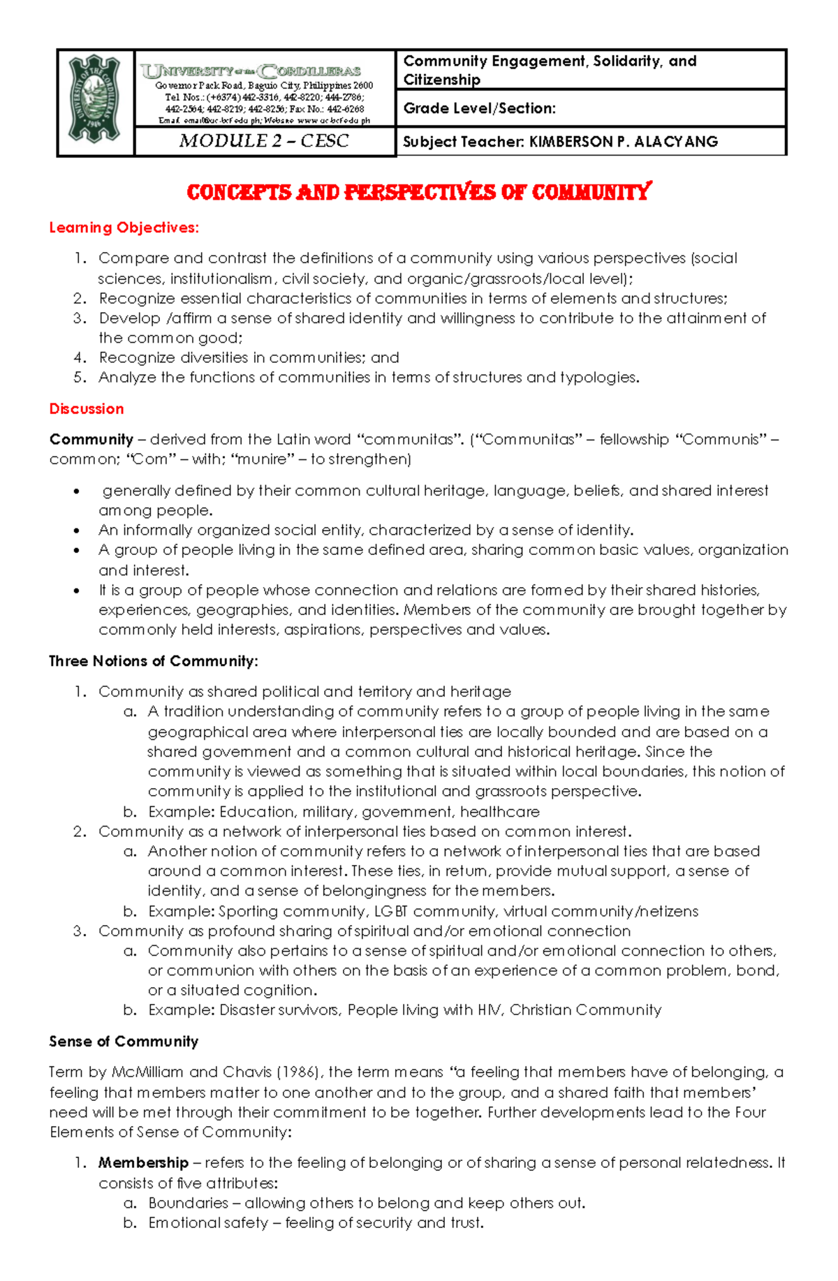 CESC Module 2: Concepts of Community Engagement and Citizenship - Studocu