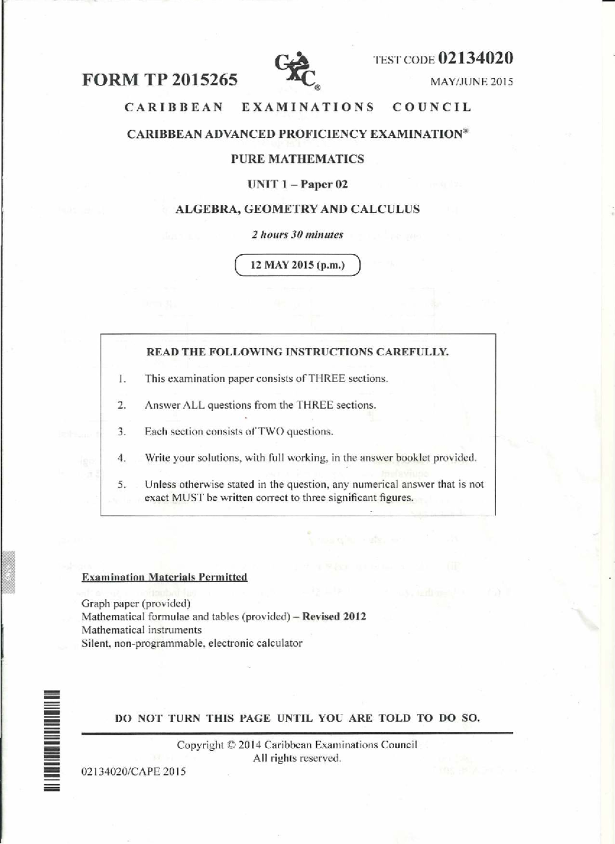 Cape Pure Mathematics 2015 Unit 1 Paper 02 Exam Questions - Studocu