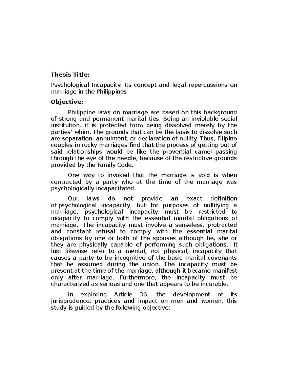Thesis - Psychological Incapacity: Its concept and legal repercussions ...