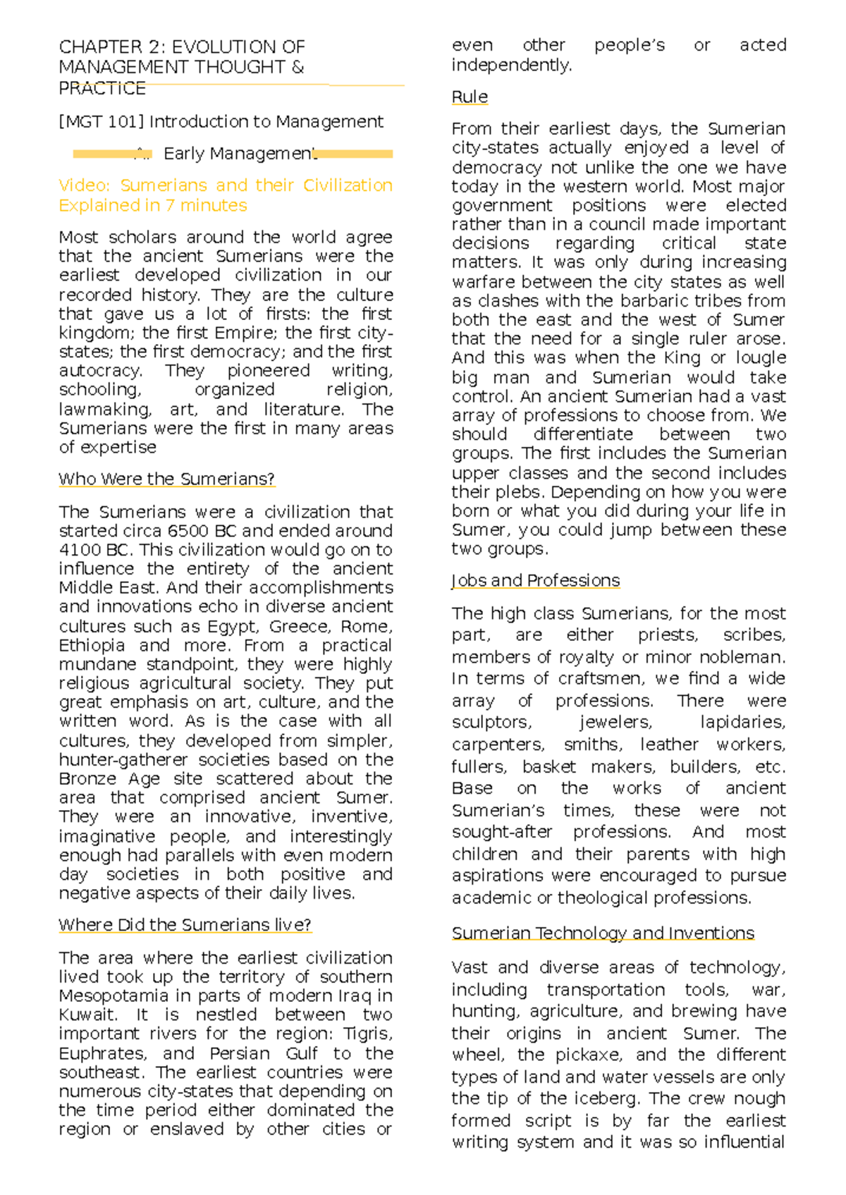 Chapter 2 - MGT 101: Evolution of Management Thought & Practice - Studocu