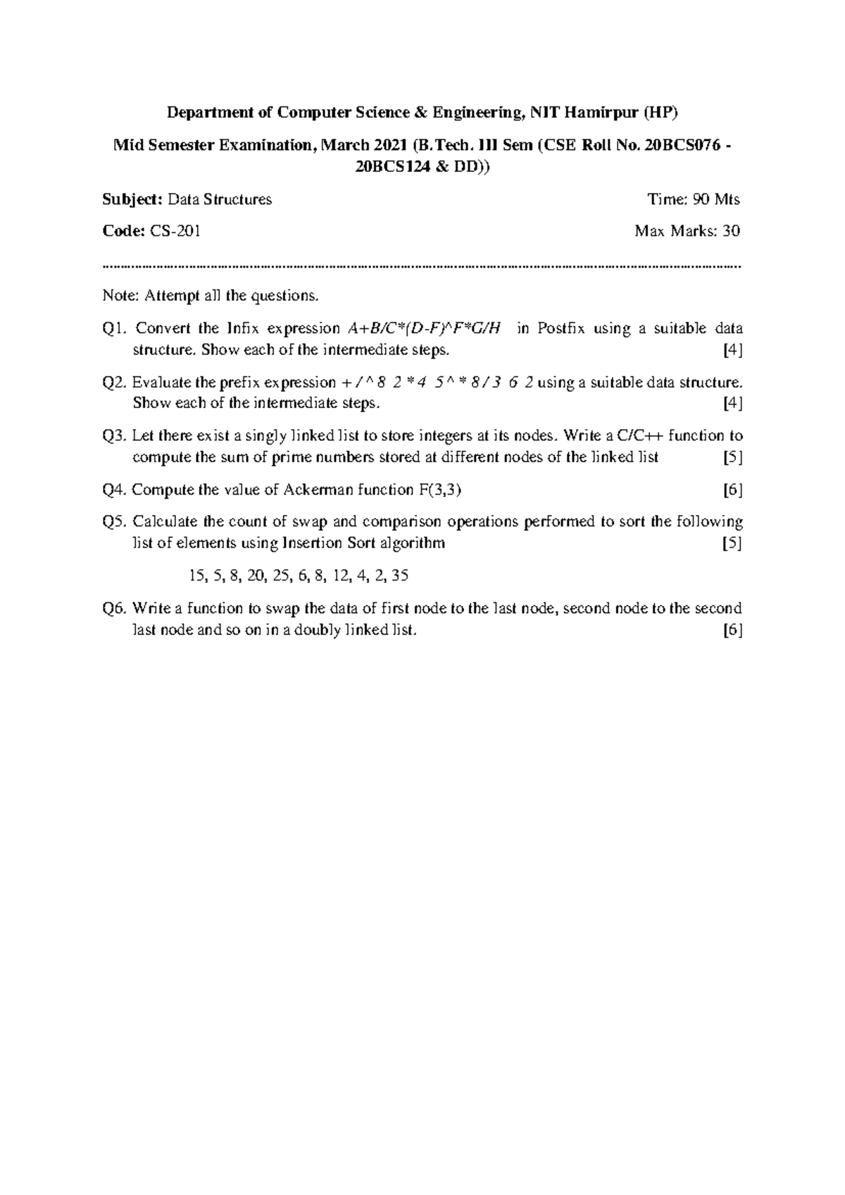 QP CS 201 - Mid Sem Exam Question Paper on Data Structures - Studocu