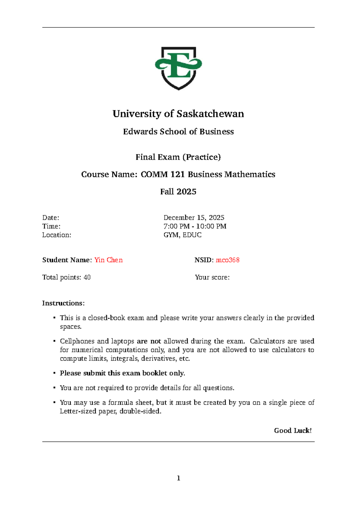 COMM 121 Final Exam Practice - Business Mathematics - Studocu