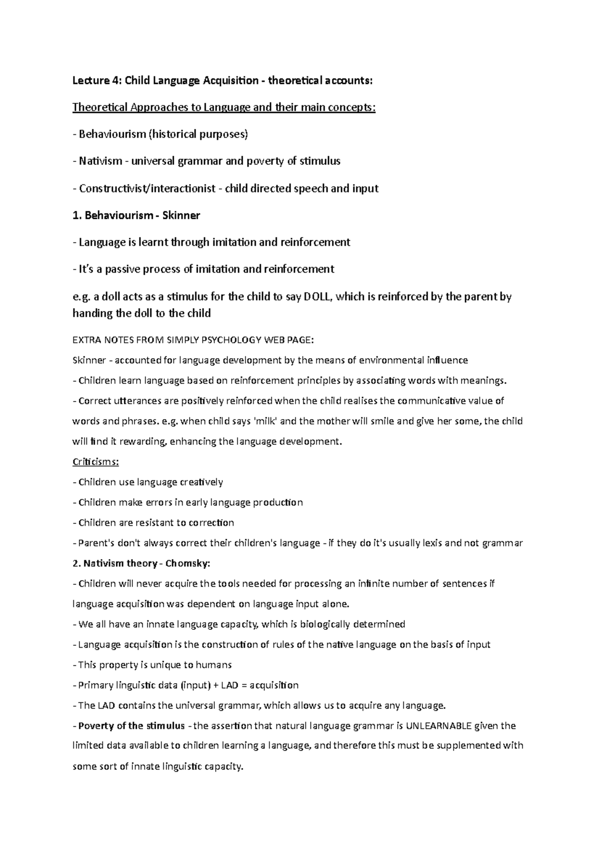 Lecture 4: Theoretical Perspectives on Child Language Acquisition - Studocu