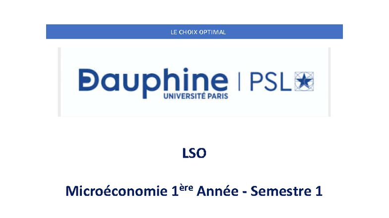 LE CHOIX OPTIMAL EN MICROÉCONOMIE LSO 1ère Année Sem 1 - Studocu
