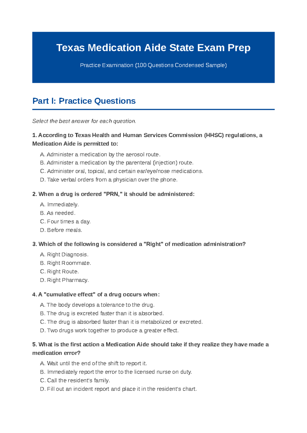 Texas Medication Aide Exam Prep: 100 Qs Practice (Part I) - Studocu