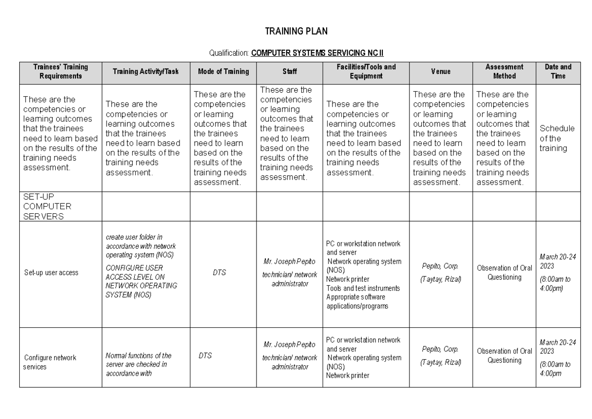 Training Plan for Computer Systems Servicing NC II - Studocu