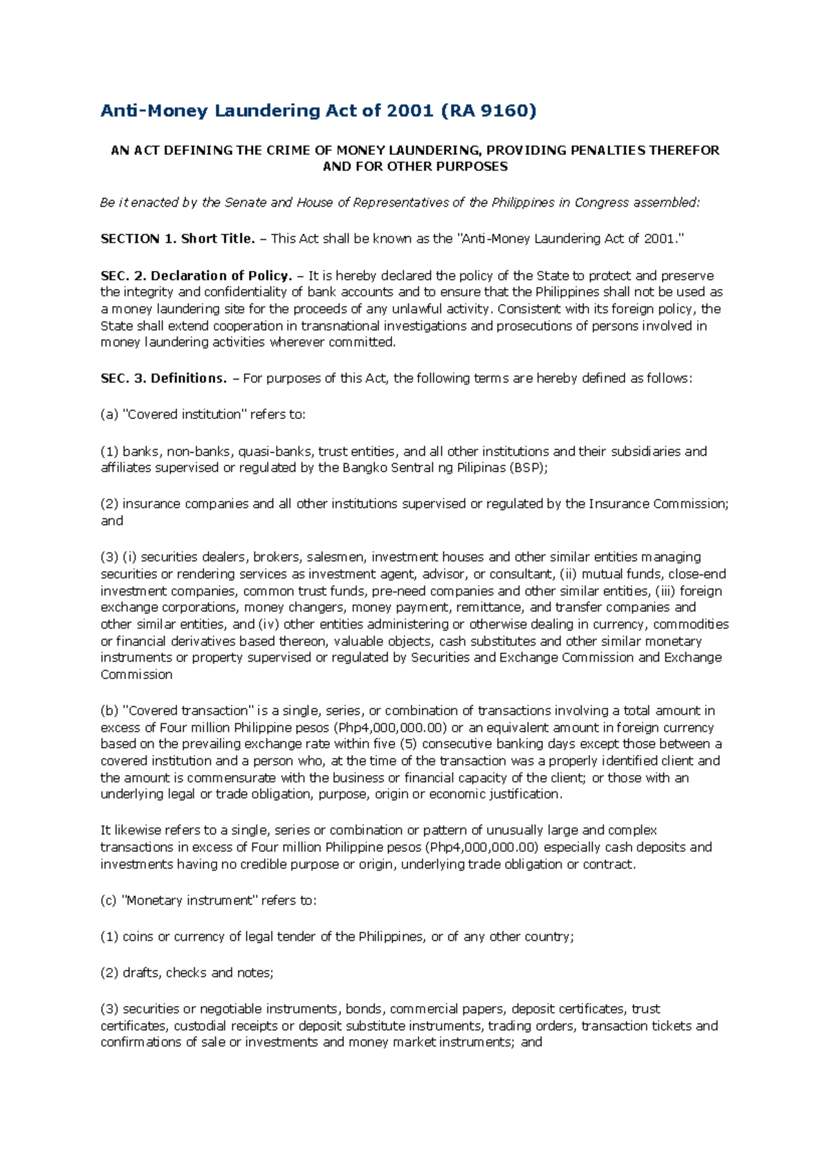 PH AMLA RA 9160: Comprehensive Overview of the Money Laundering Act ...