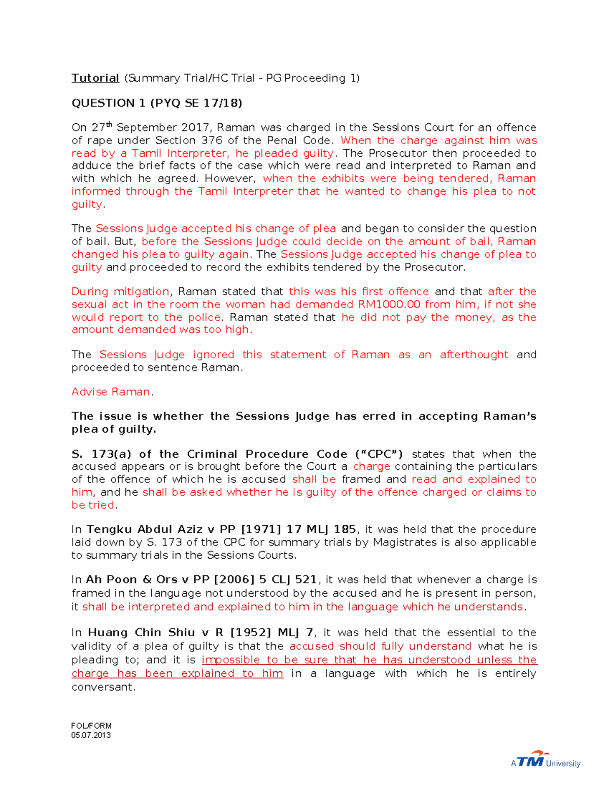 Tutorial 3: Analysis of Plea Procedures in Criminal Procedure II - Studocu