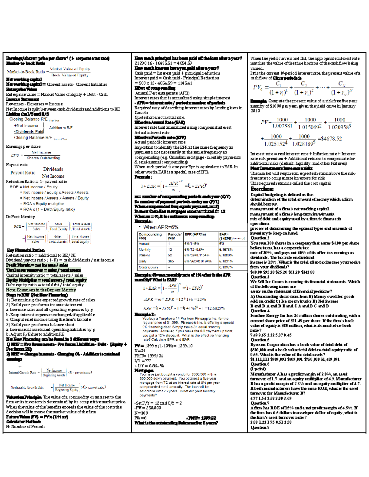 FIN 300 Final Exam Cheat Sheet: Key Financial Ratios & Valuation ...