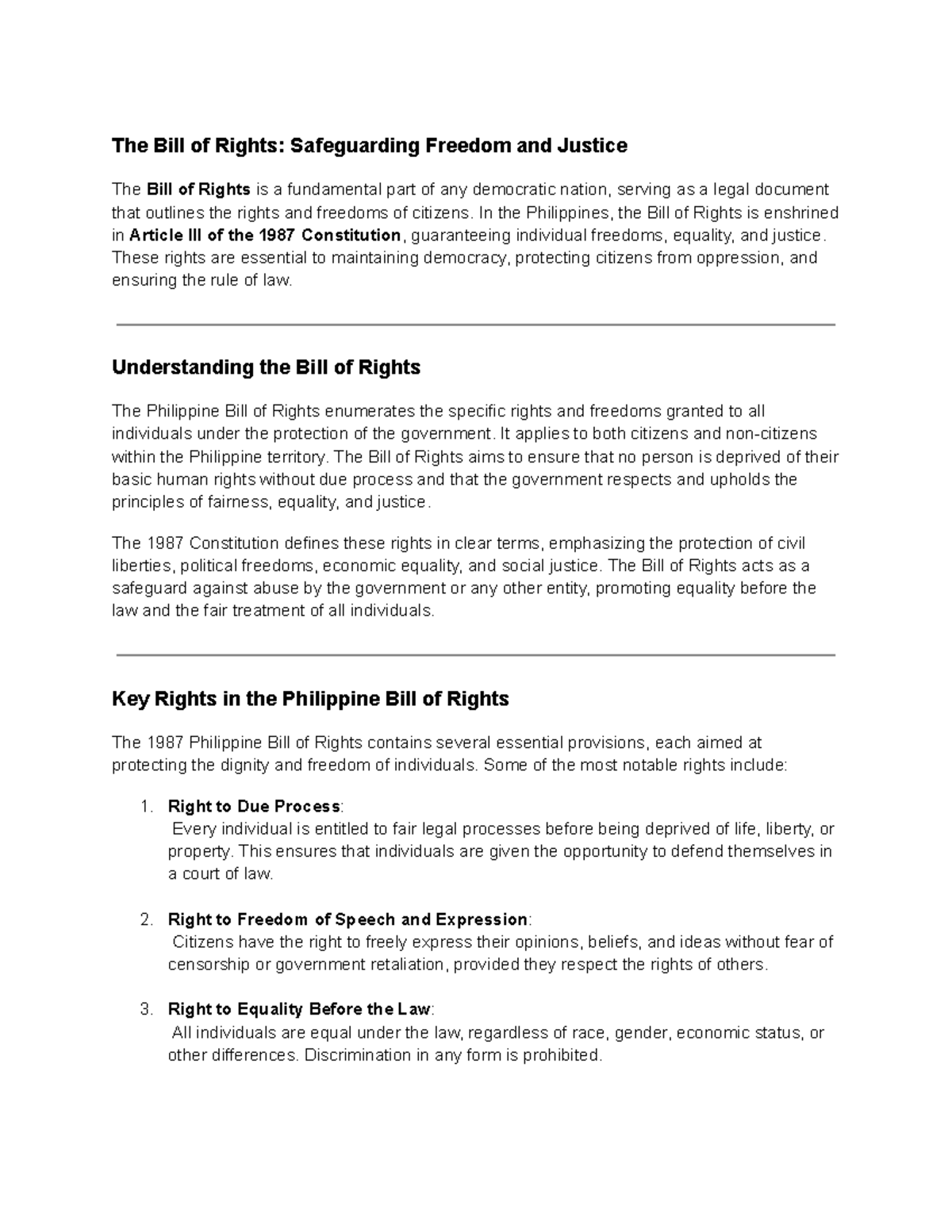 Bill of Rights Essay - Exploring Philippine Freedoms & Justice - Studocu