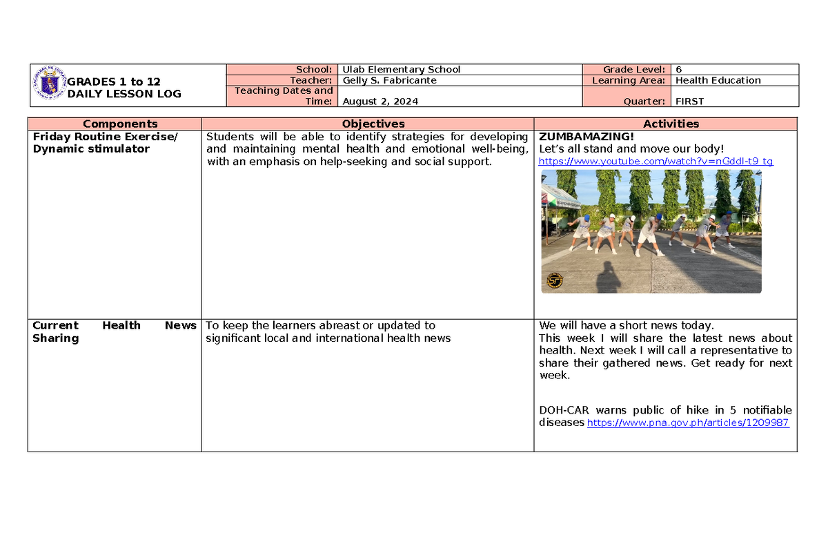 Week 1 Health Ed Lesson Plan for Science 6 - Aug 2, 2024 - Studocu