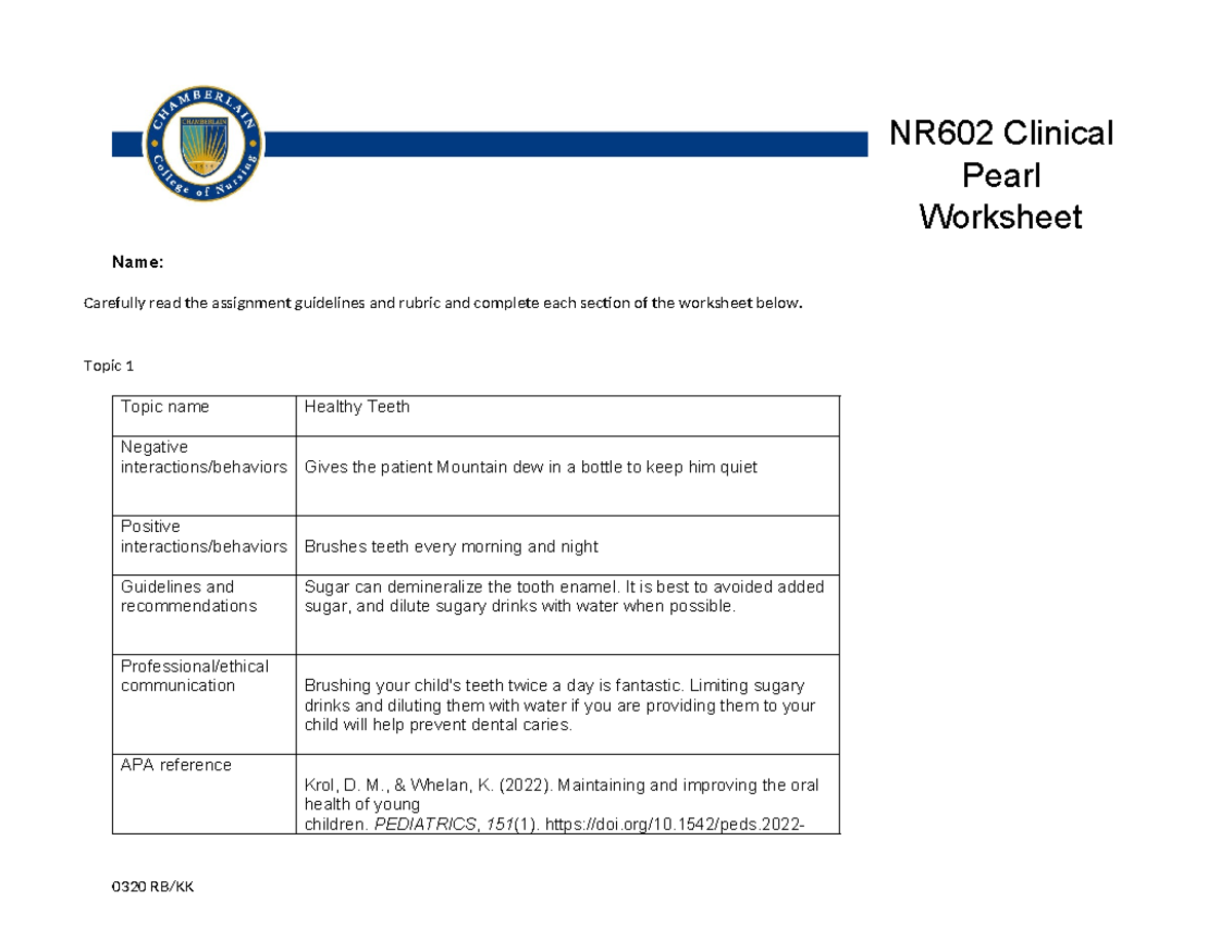 NR602 Clinical Pearl Worksheet: Pediatric Health Guidelines and ...