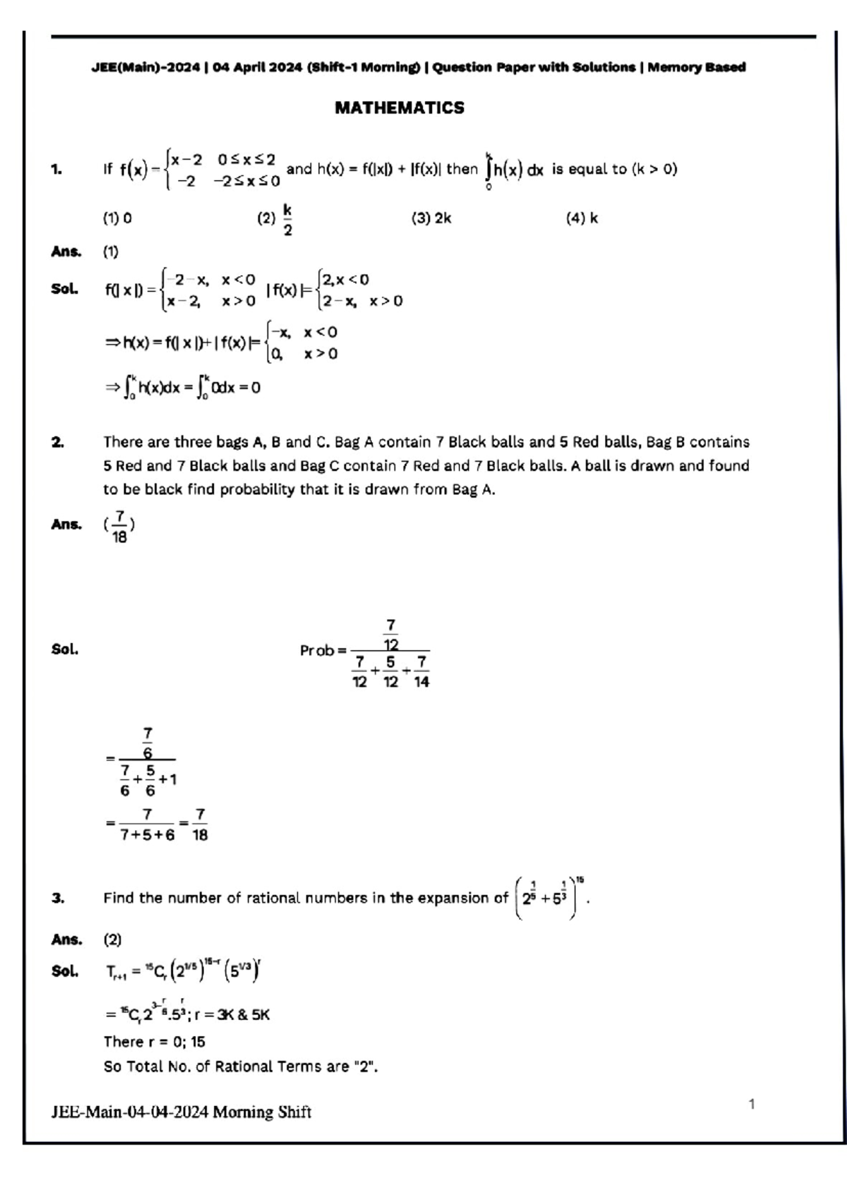 JEE Main 2024 Exam: Mathematics, Physics & Chemistry Solutions - Studocu