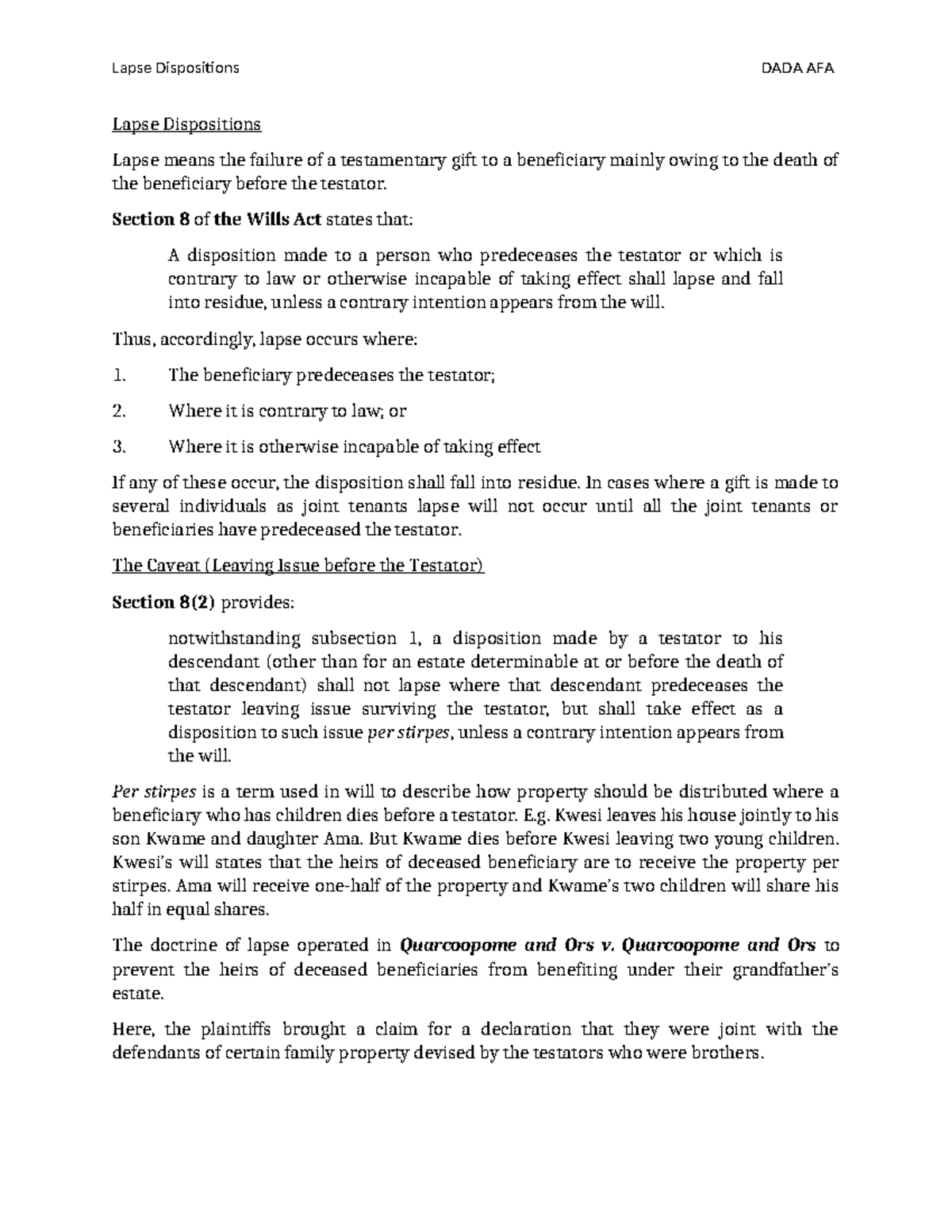 Lapse Dispositions - DADA AFA Notes on Testamentary Gifts - Studocu