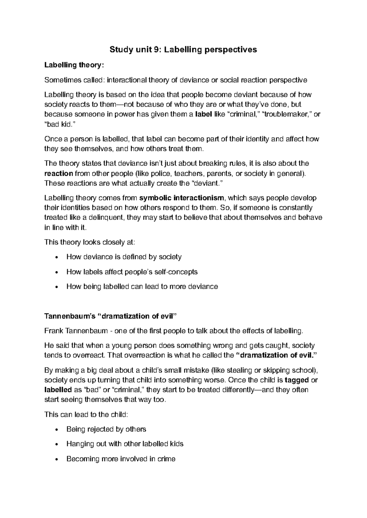 Study Unit 9: Understanding Labelling Theory and Its Implications - Studocu