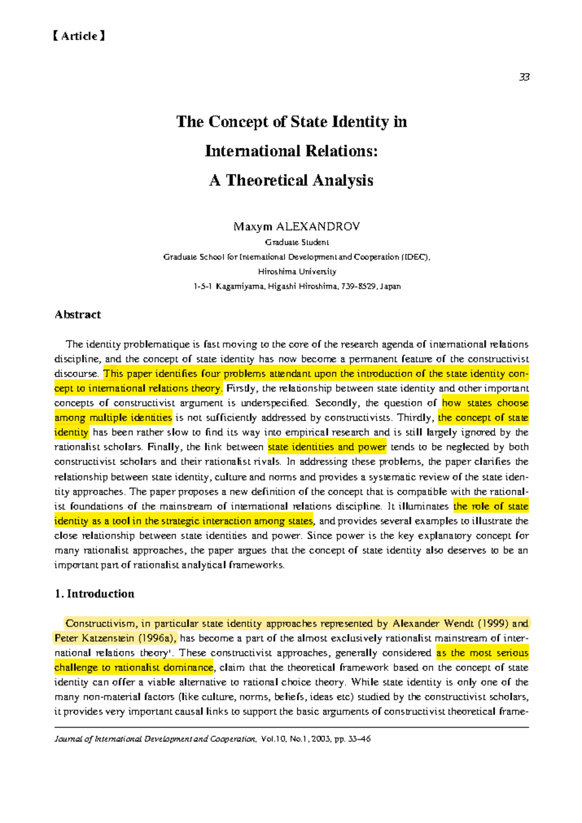 Theoretical Analysis of State Identity in International Relations (IDEC ...
