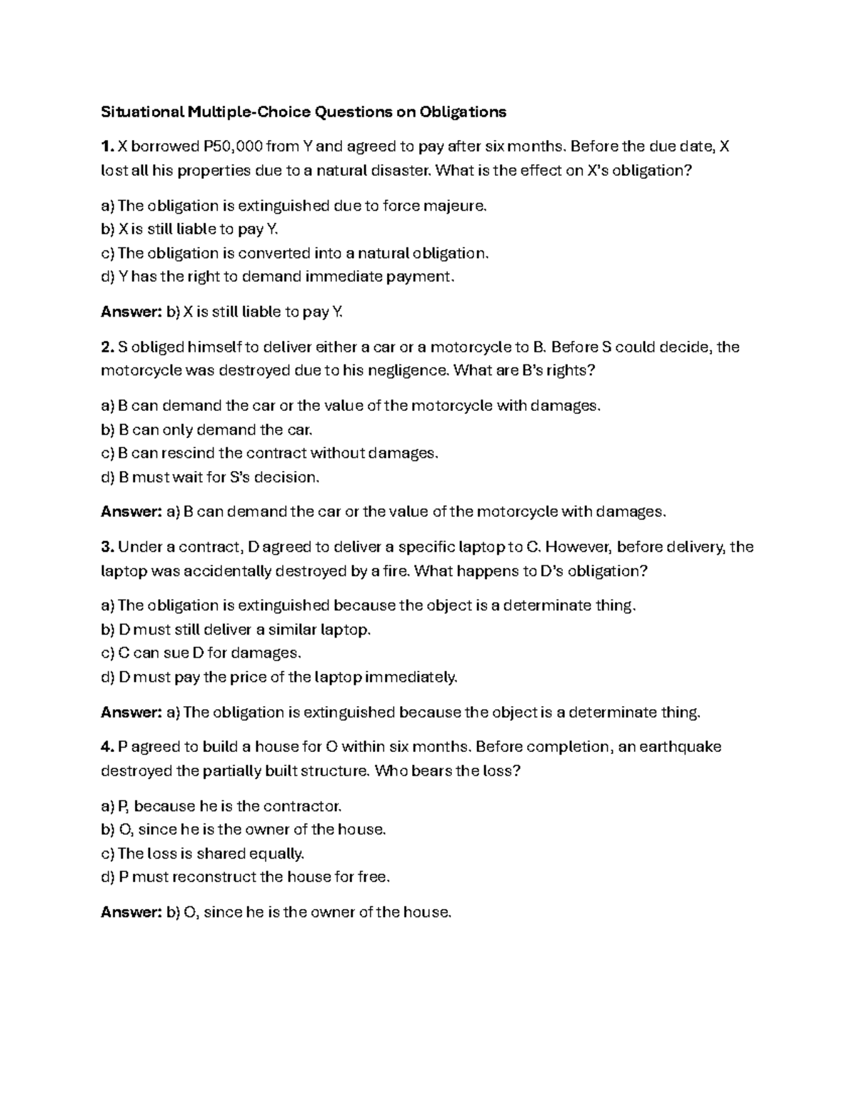 Obligations (LAW 101) - Comprehensive Reviewer on Situational Questions ...